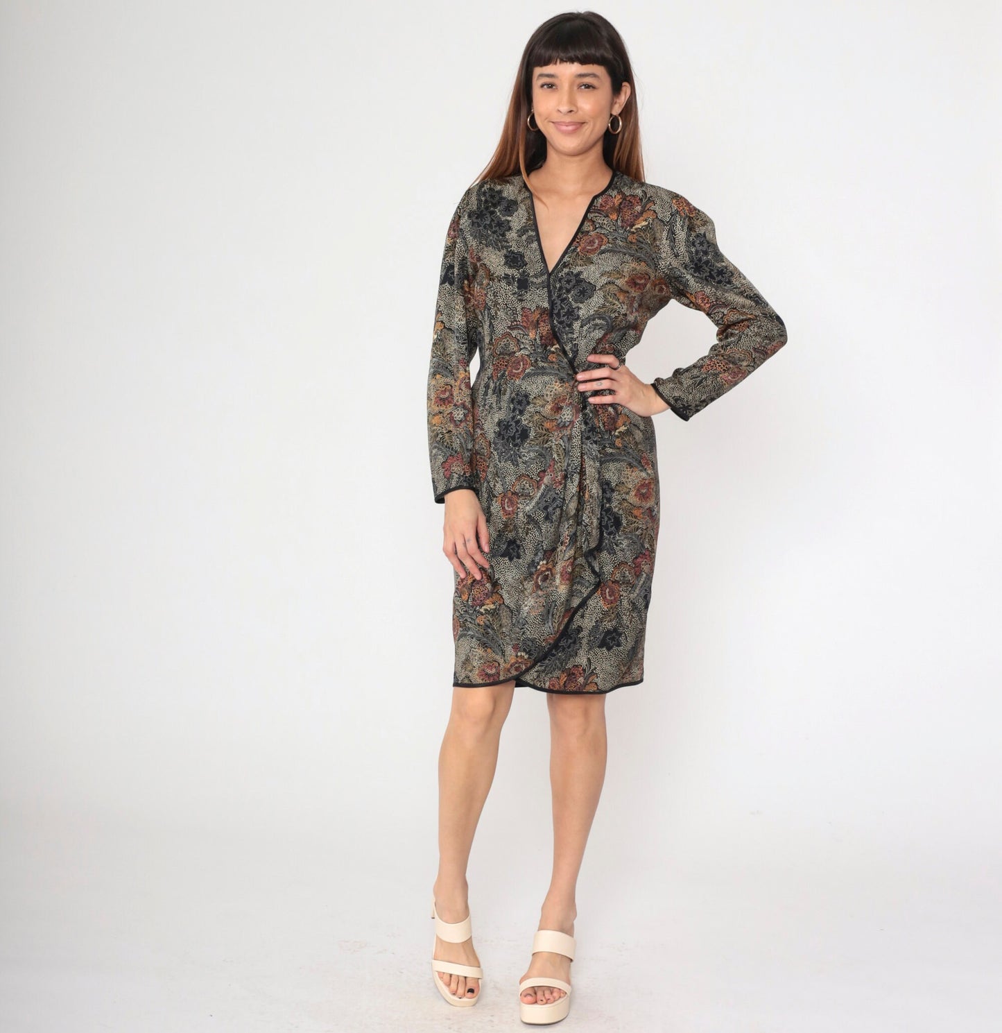 90s Silk Wrap Dress Floral Print V-Neck Long Sleeve Knee Length Black Medium