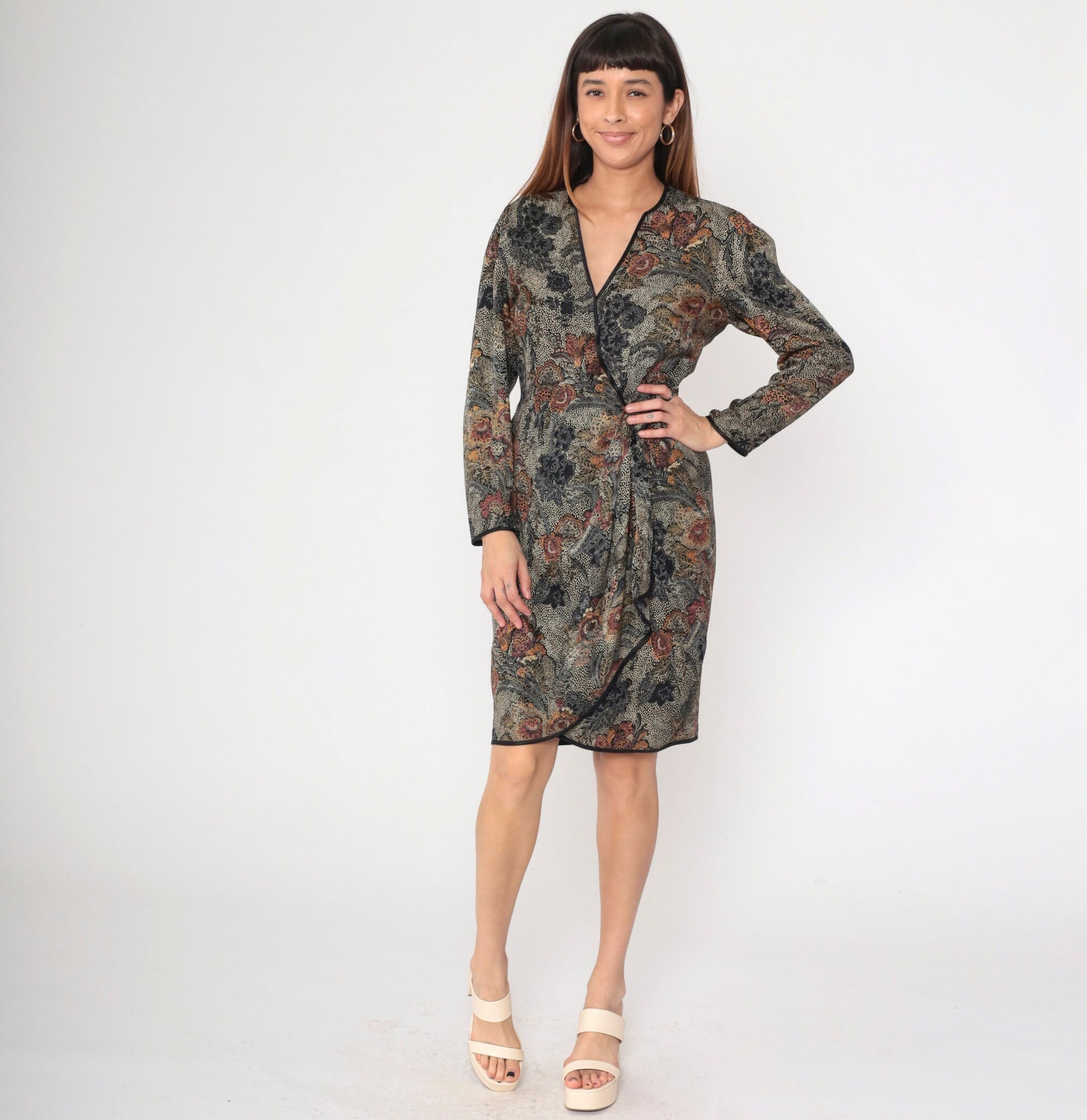 90s Silk Wrap Dress Floral Print V-Neck Long Sleeve Knee Length Black Medium