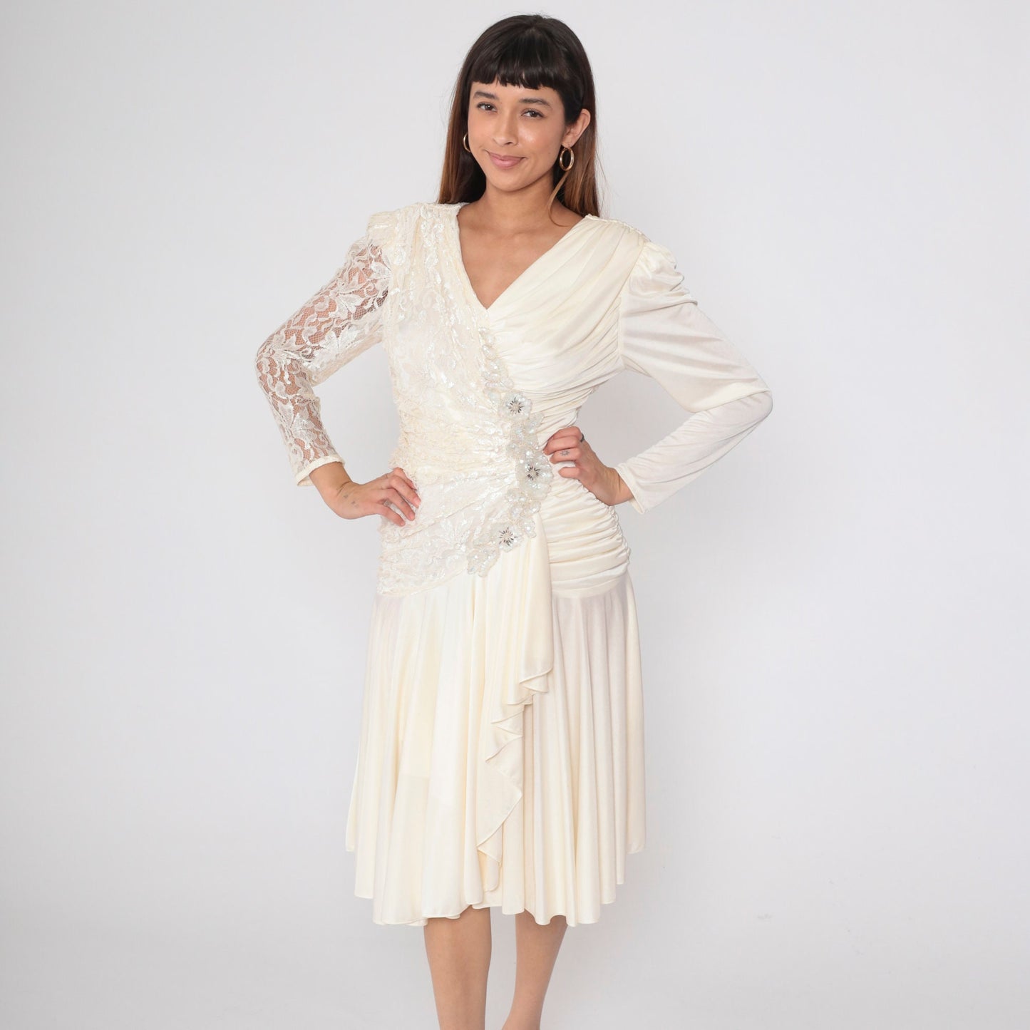 80s Off-White Lace Midi Dress Beaded Sequin V-Neck Puff Sleeve Small
