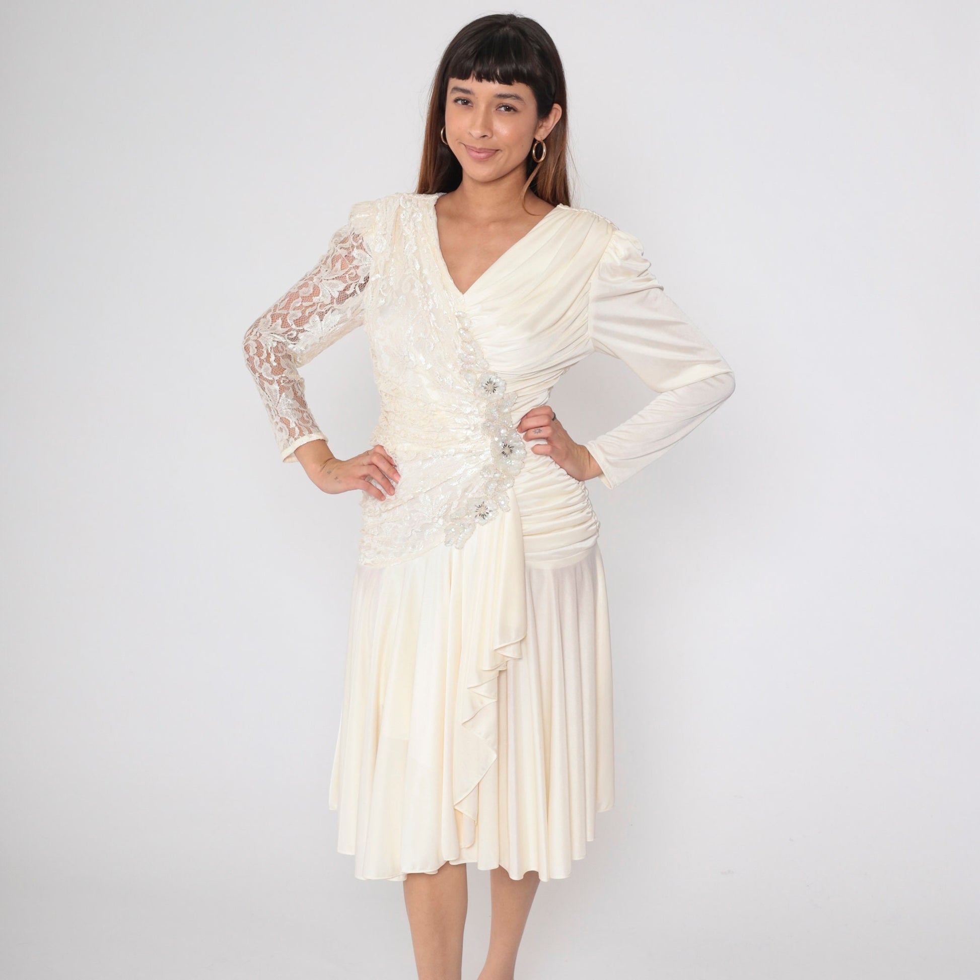 80s Off-White Lace Midi Dress Beaded Sequin V-Neck Puff Sleeve Small