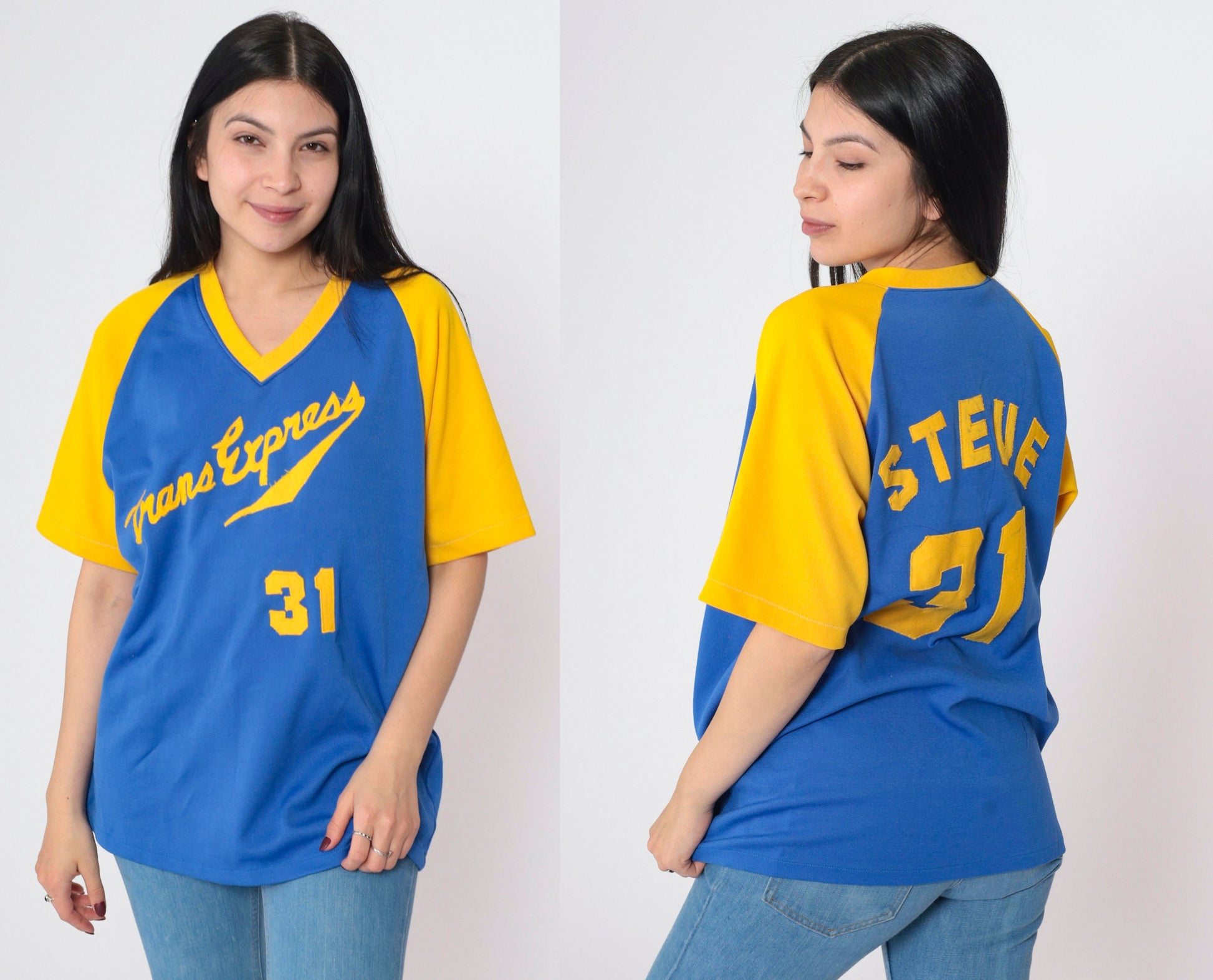 70s Trans Express Steve 31 Baseball Ringer Tee V-Neck Raglan Yellow Blue Medium