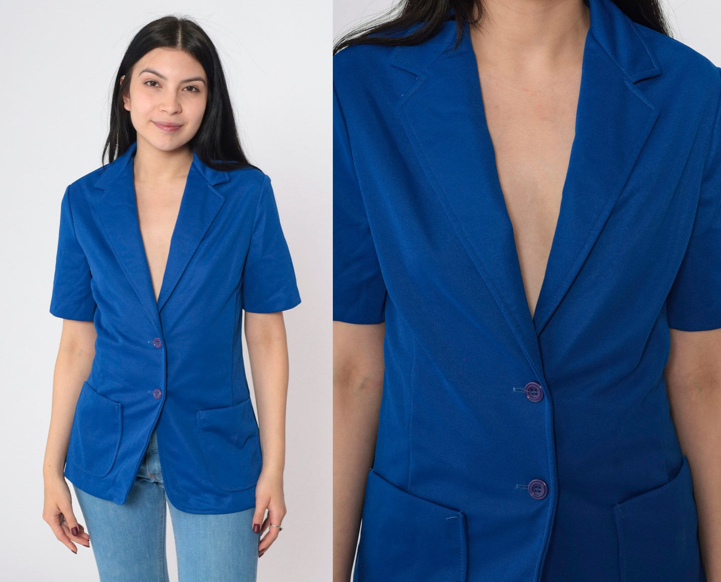 70s Royal Blue Short Sleeve Blazer Tailored Button Up Jacket Small