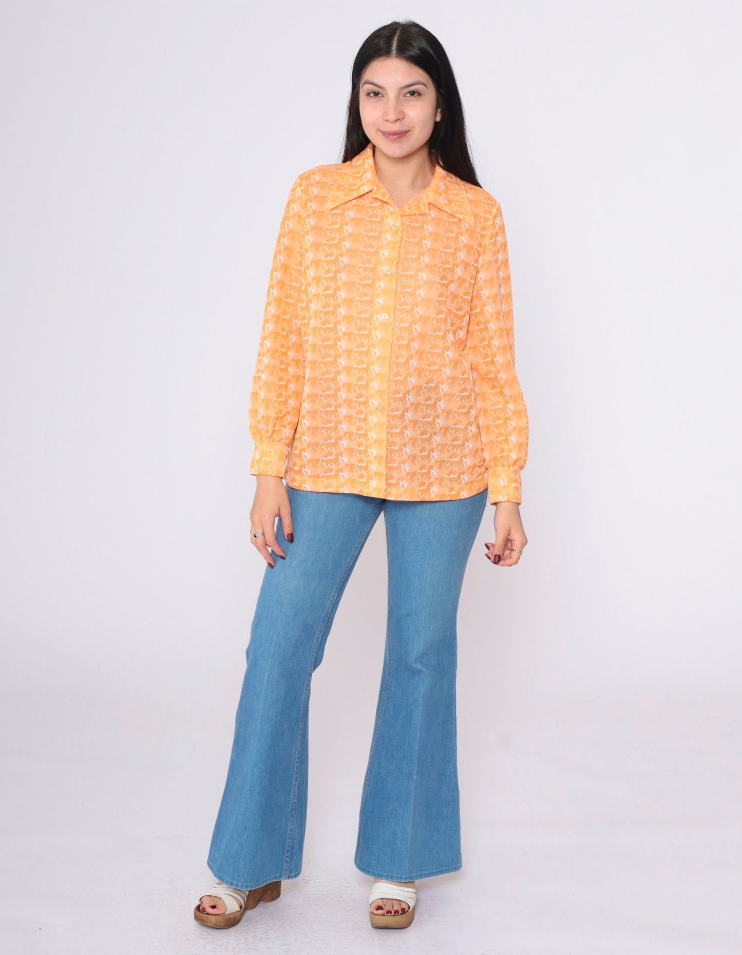 70s Horse Print Orange Button-Up Blouse Long Sleeve Psychedelic Shirt Medium