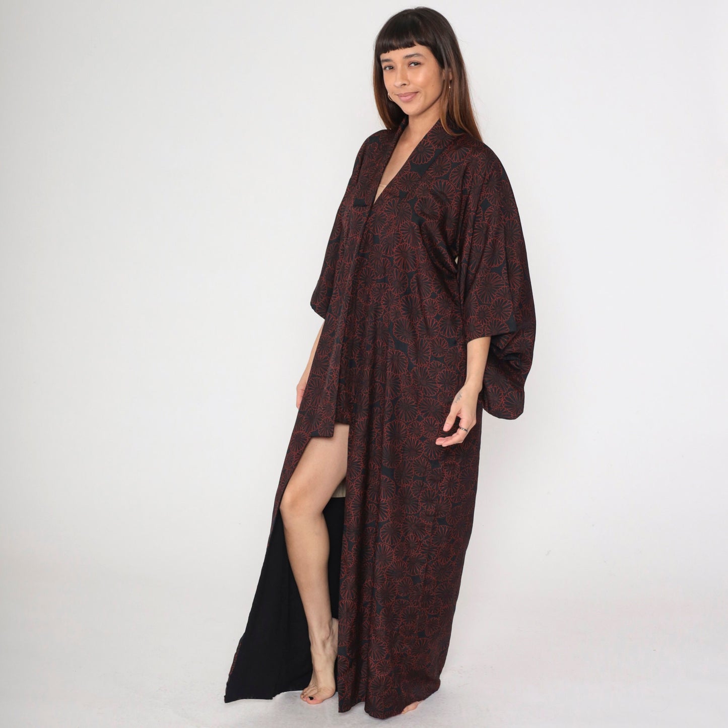 60s Black Kimono Robe Red Floral Print Full Length Maxi Large L