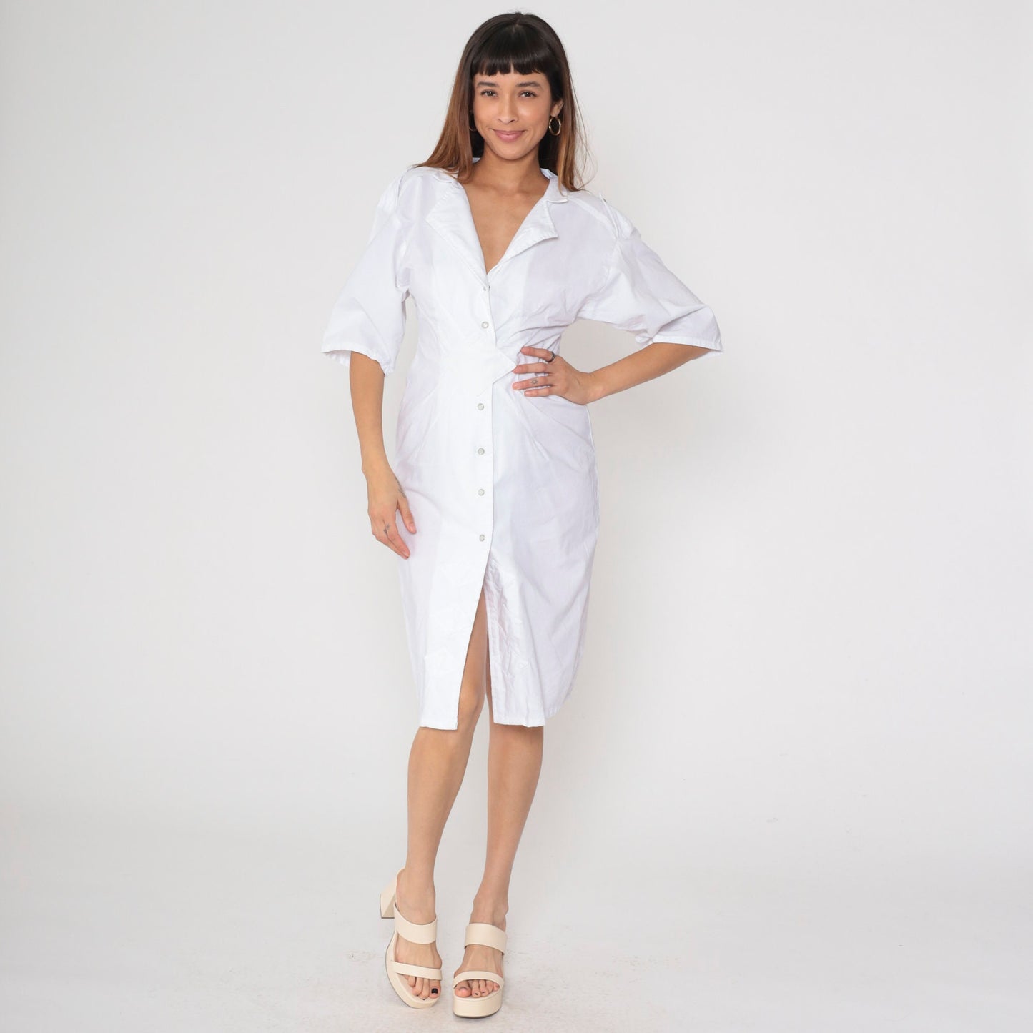 80s White Cotton Midi Dress Notched Collar Pearl Snap Diamond Inset Small