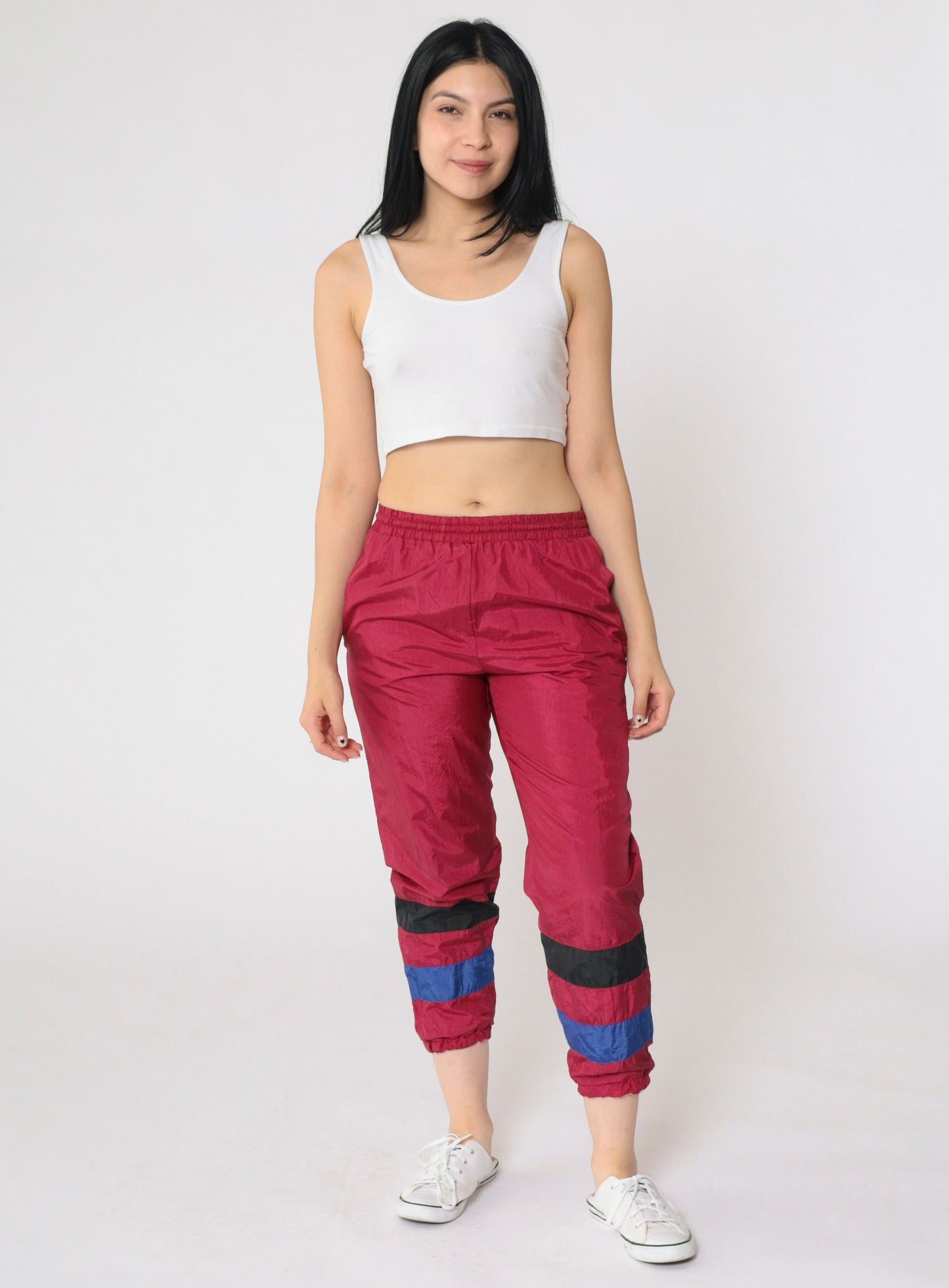 90s Raspberry Nylon Track Pants Striped Kids Medium