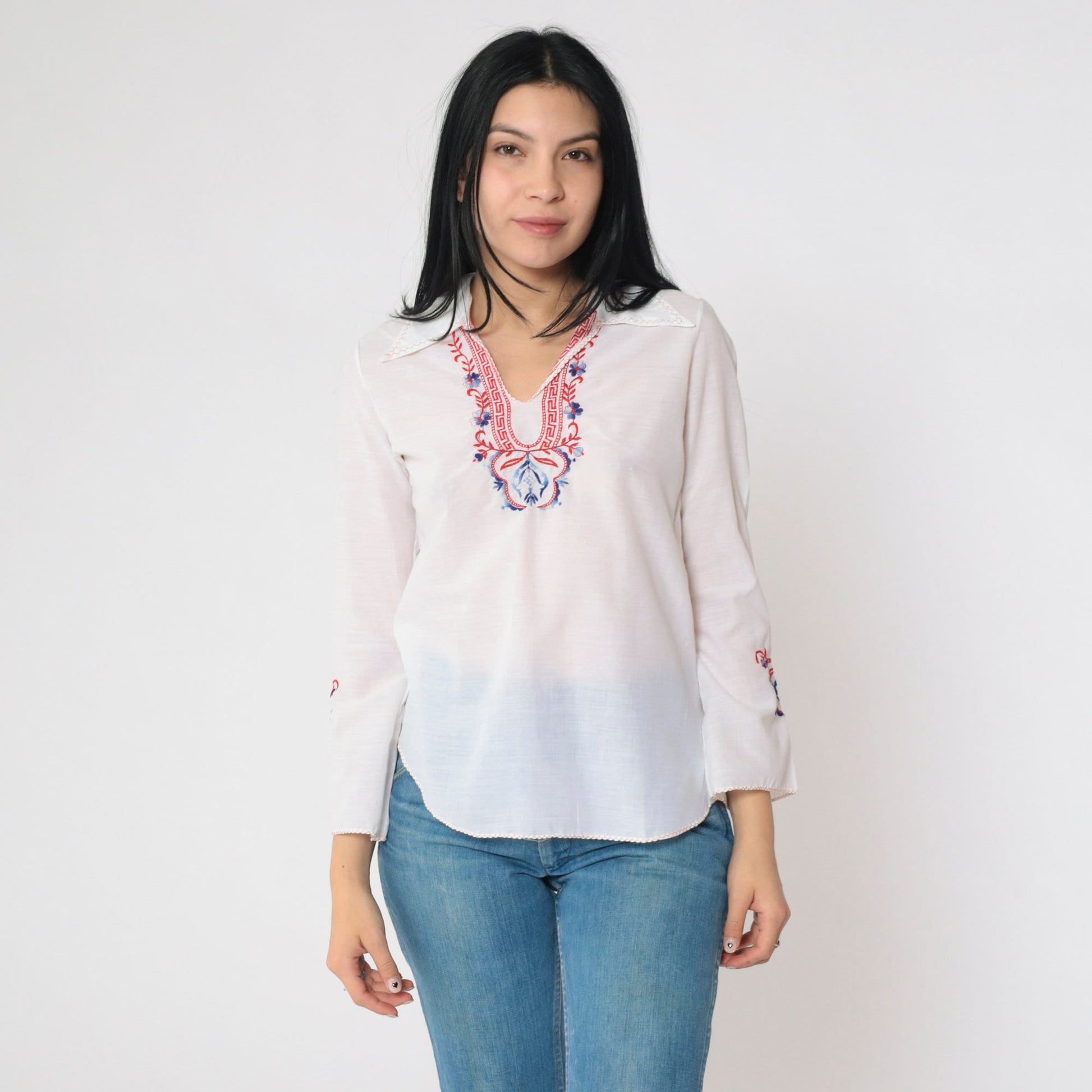 70s Floral Embroidered White Tunic Top V-Neck Long Sleeve Extra Small