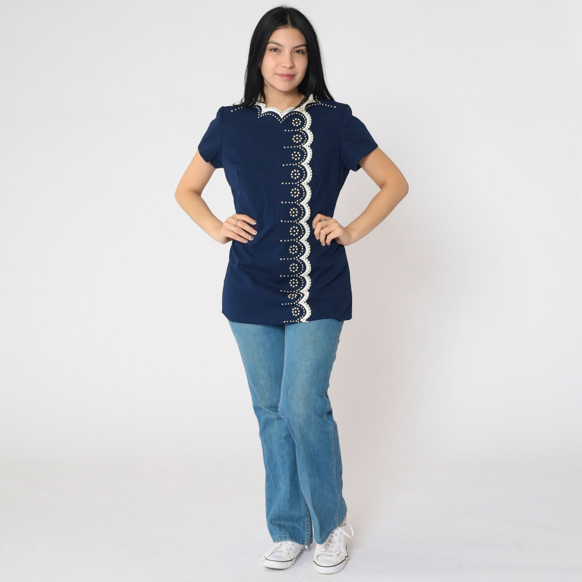 60s Navy Tunic Top Scalloped Lace Trim Mod Dot Print Short Sleeve Medium