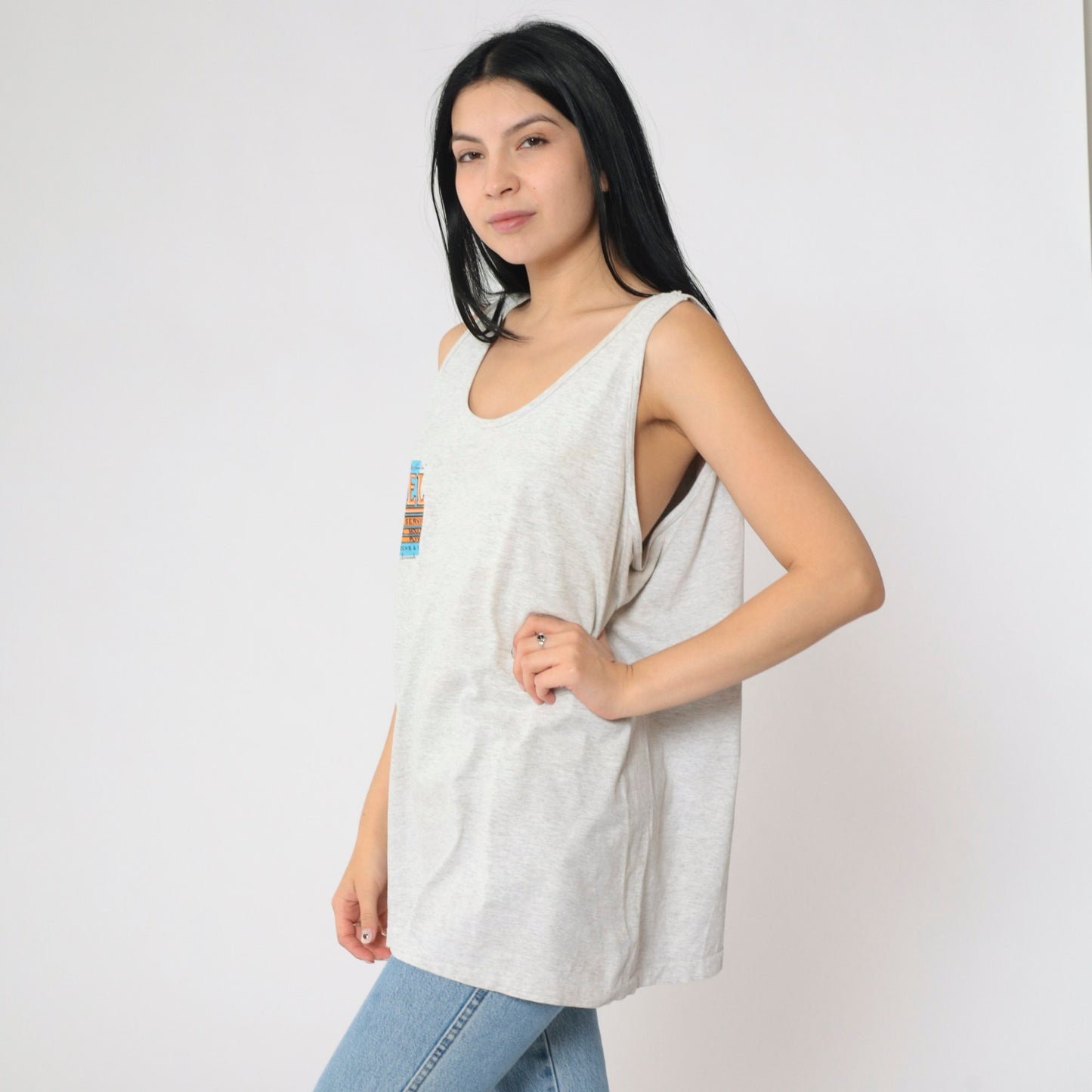 90s Reel Lumber Service Graphic Tank Top Beaver Cartoon Grey Extra Large XL
