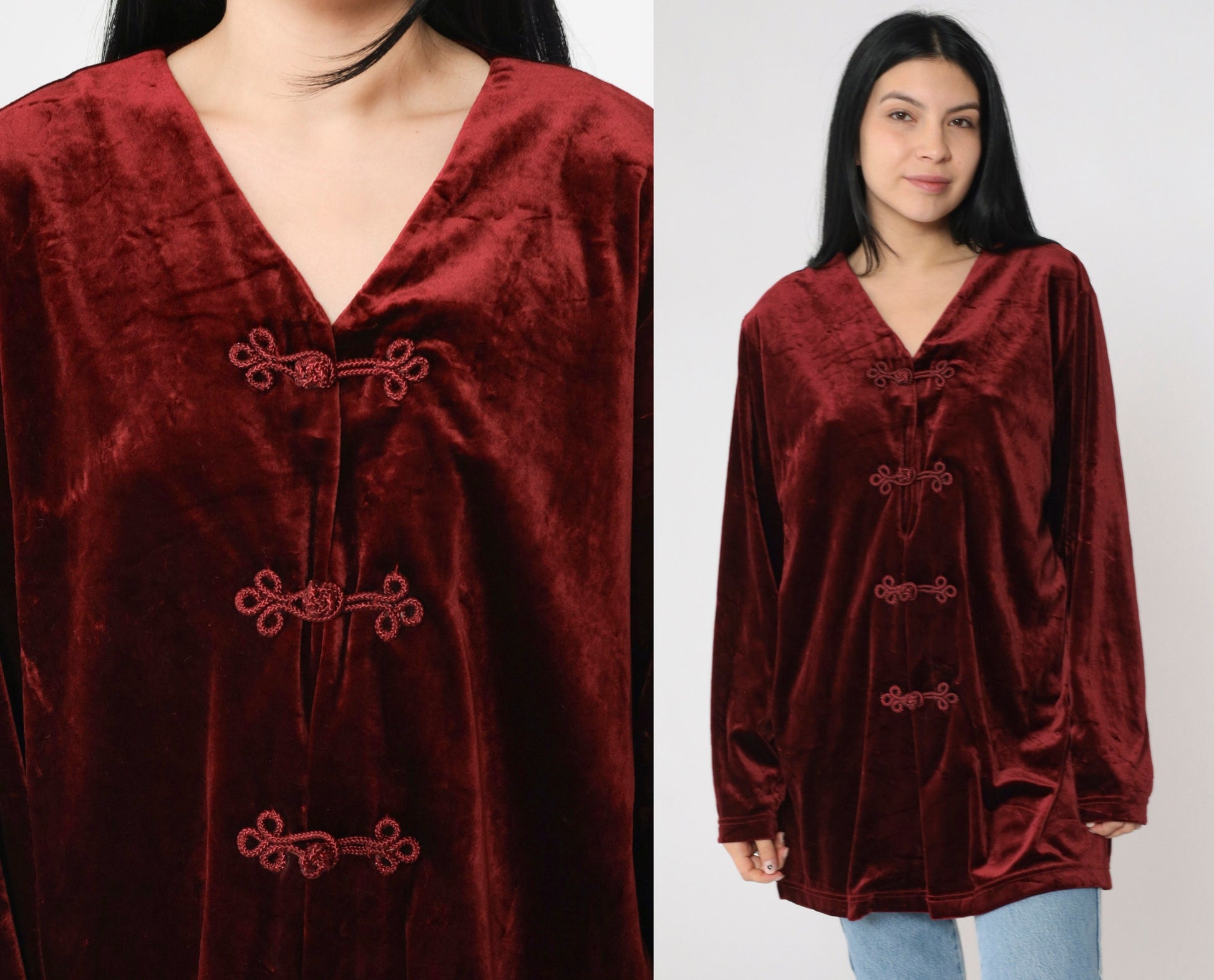 Y2K Burgundy Velvet Mandarin Collar Blouse Frog Closure Long Sleeve Large