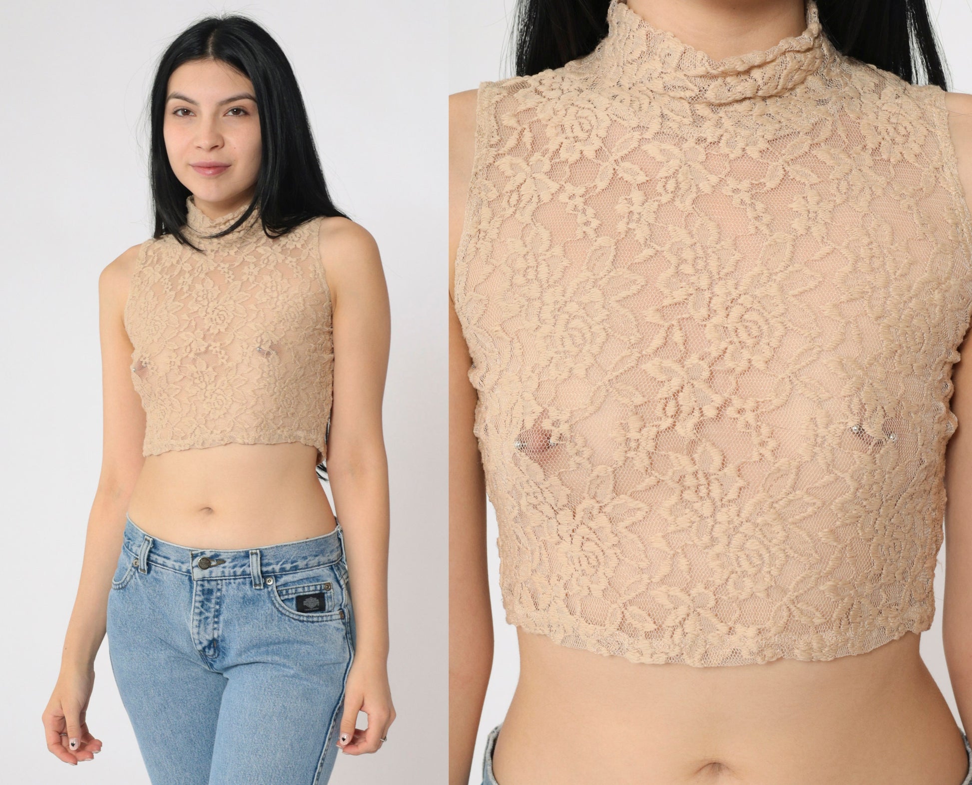 Y2K Beige Floral Lace Tank Top Mock Neck Crop Sleeveless Small S