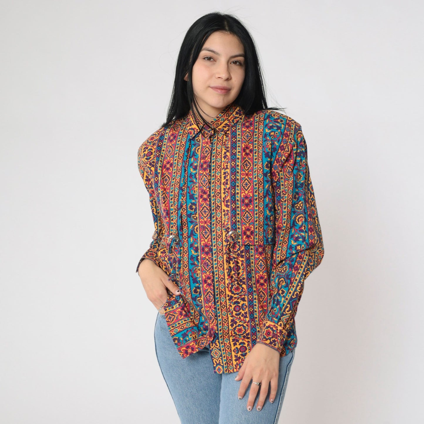 90s Frontier Series Western Floral Button Up Shirt Concho Medium