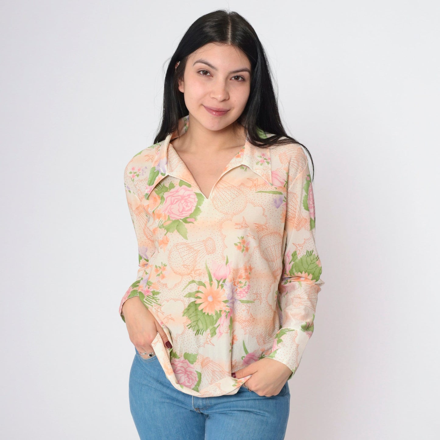 70s Pastel Bird Hot Air Balloon Floral Blouse Pointed Collar Long Sleeve Medium
