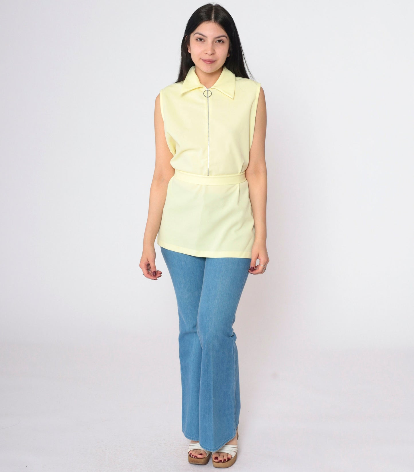70s Yellow Sleeveless Zip-Up Blouse Pointed Collar Belted Waist Medium