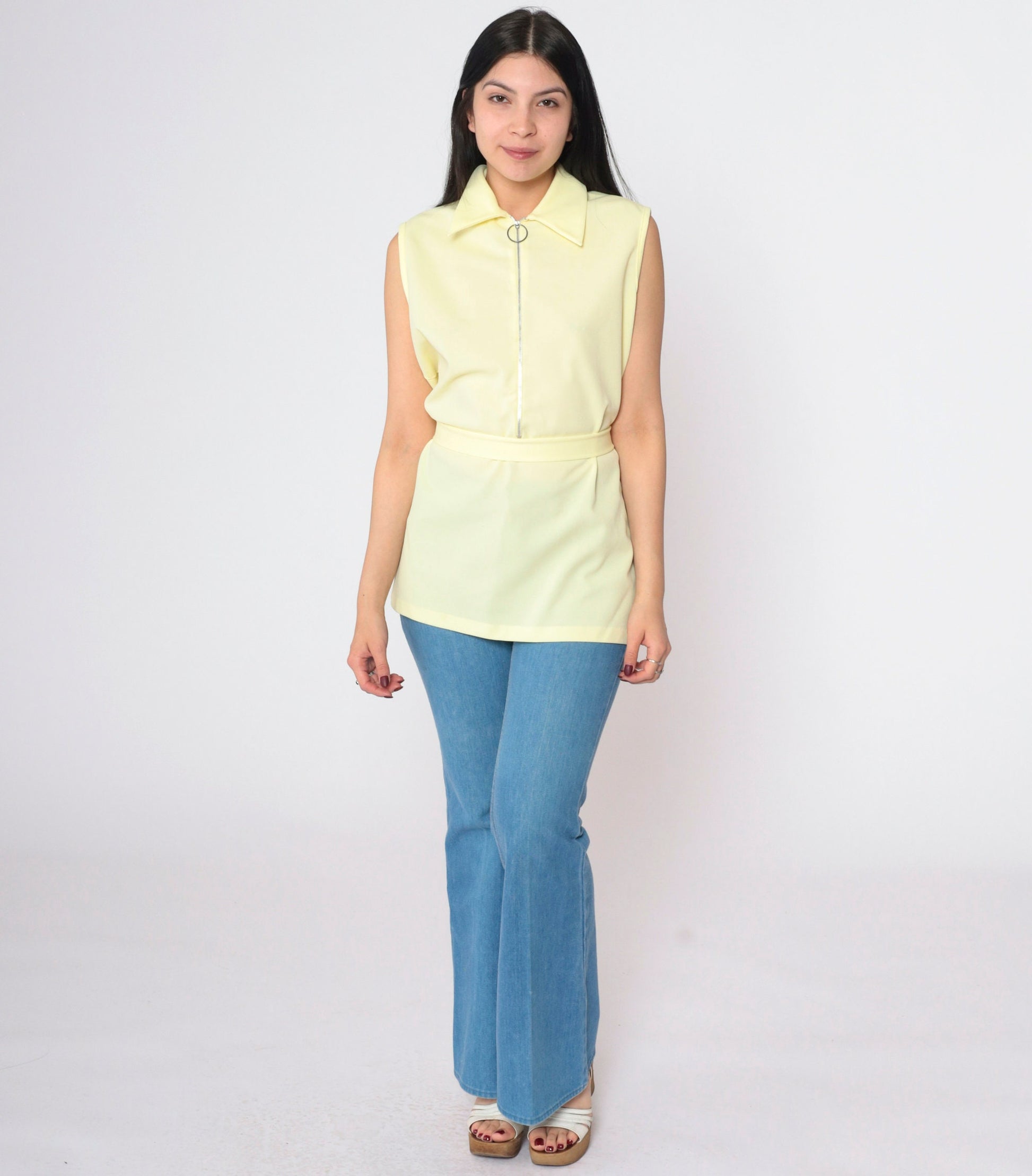 70s Yellow Sleeveless Zip-Up Blouse Pointed Collar Belted Waist Medium