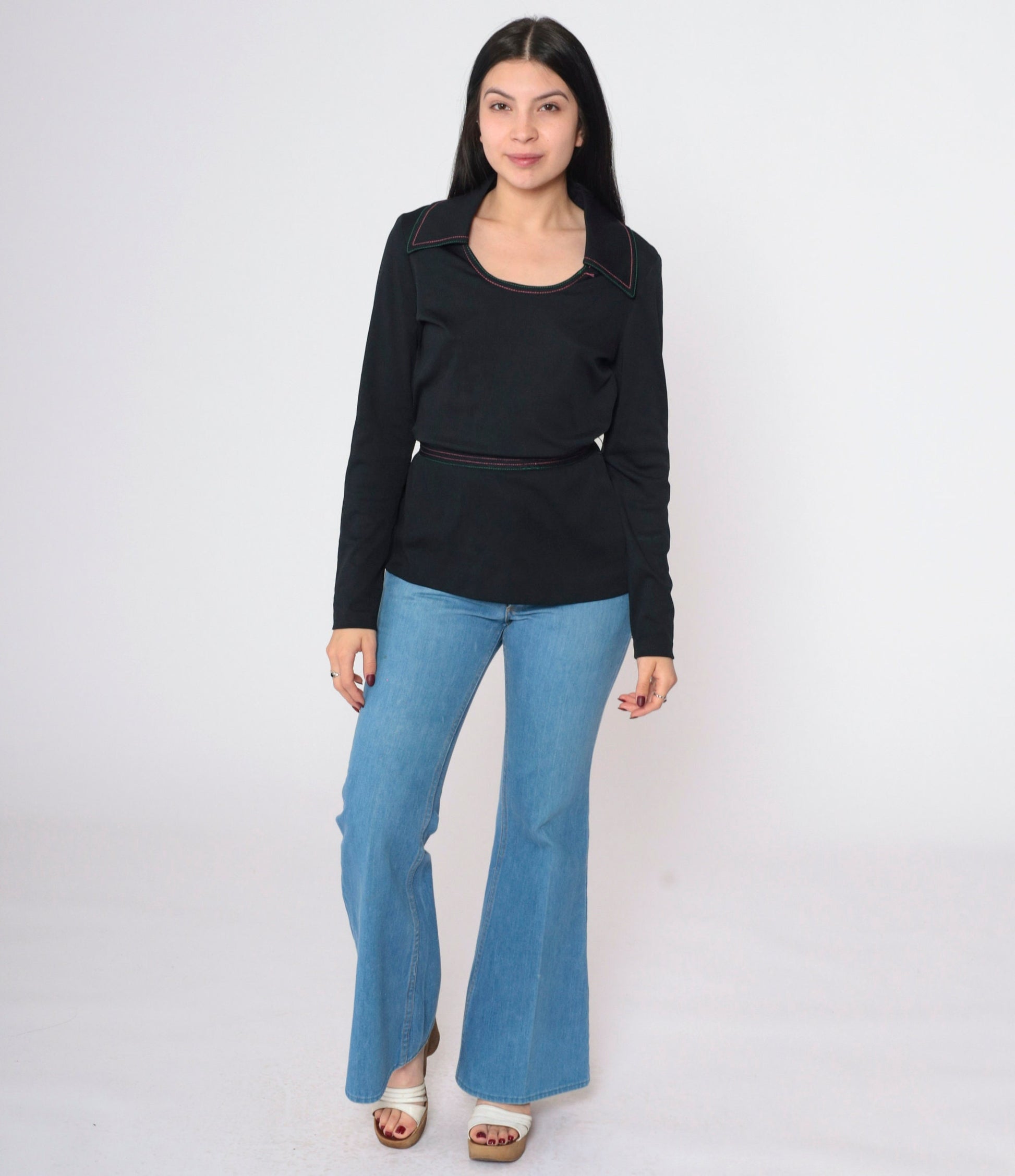 70s Black Long Sleeve Blouse Wide Collar Contrast Stitching Tie Belt Small