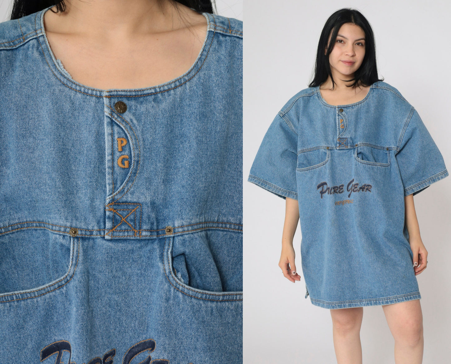 90s Pure Gear Denim Mini Dress Blue Utility Pockets Short Sleeve Extra Large