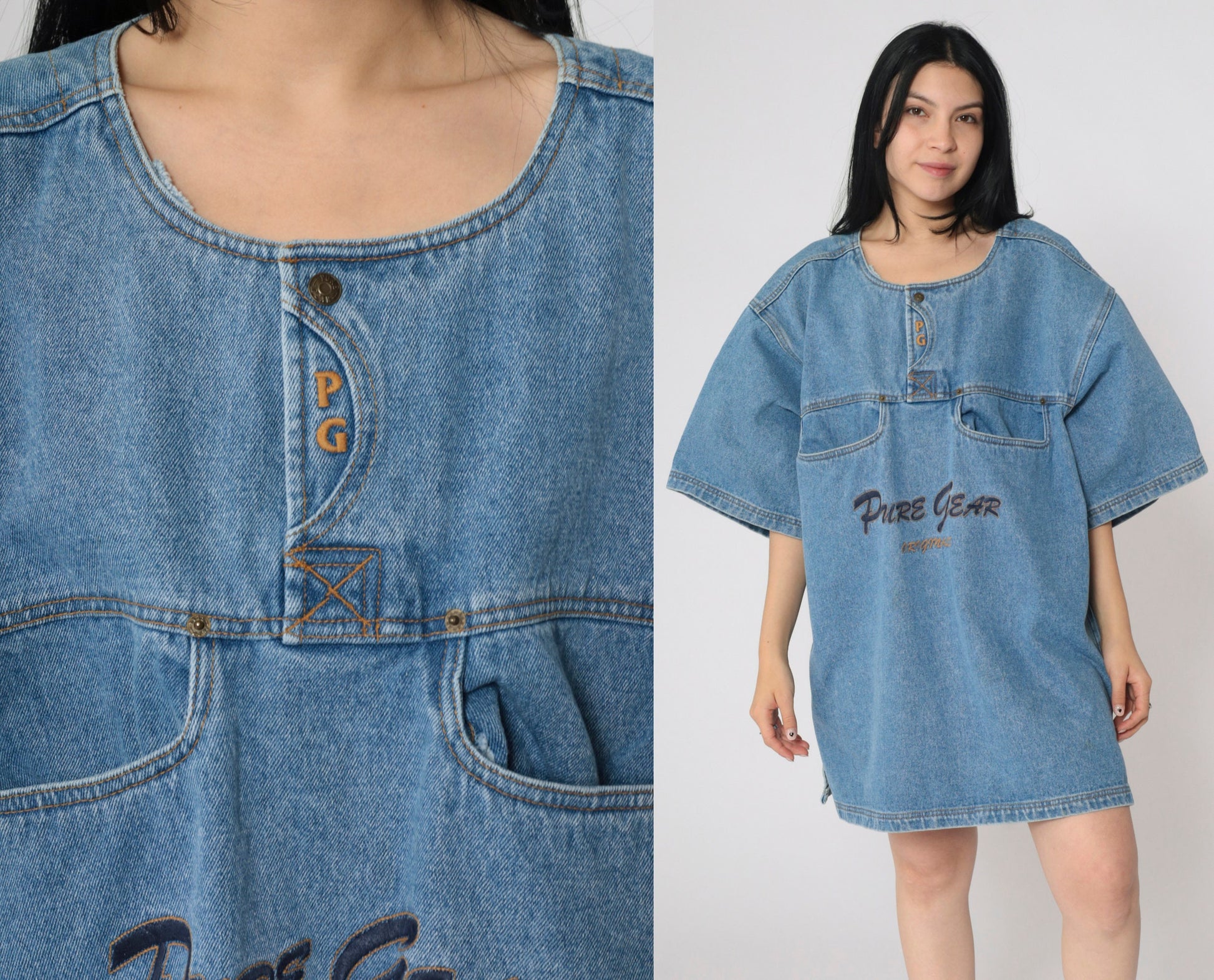 90s Pure Gear Denim Mini Dress Blue Utility Pockets Short Sleeve Extra Large