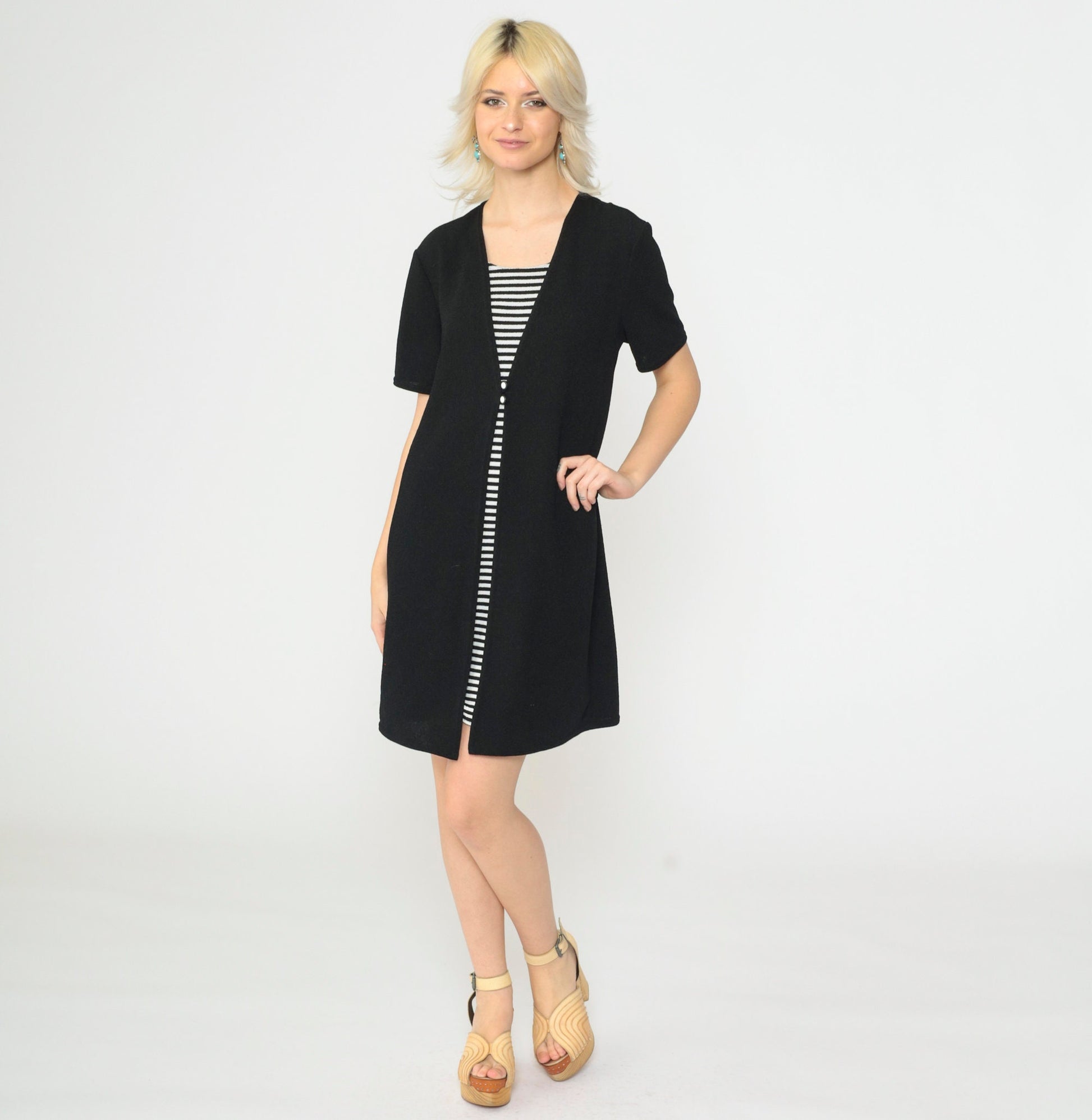 90s Black Striped Knit Dress Button Front V-Neck Short Sleeve Medium