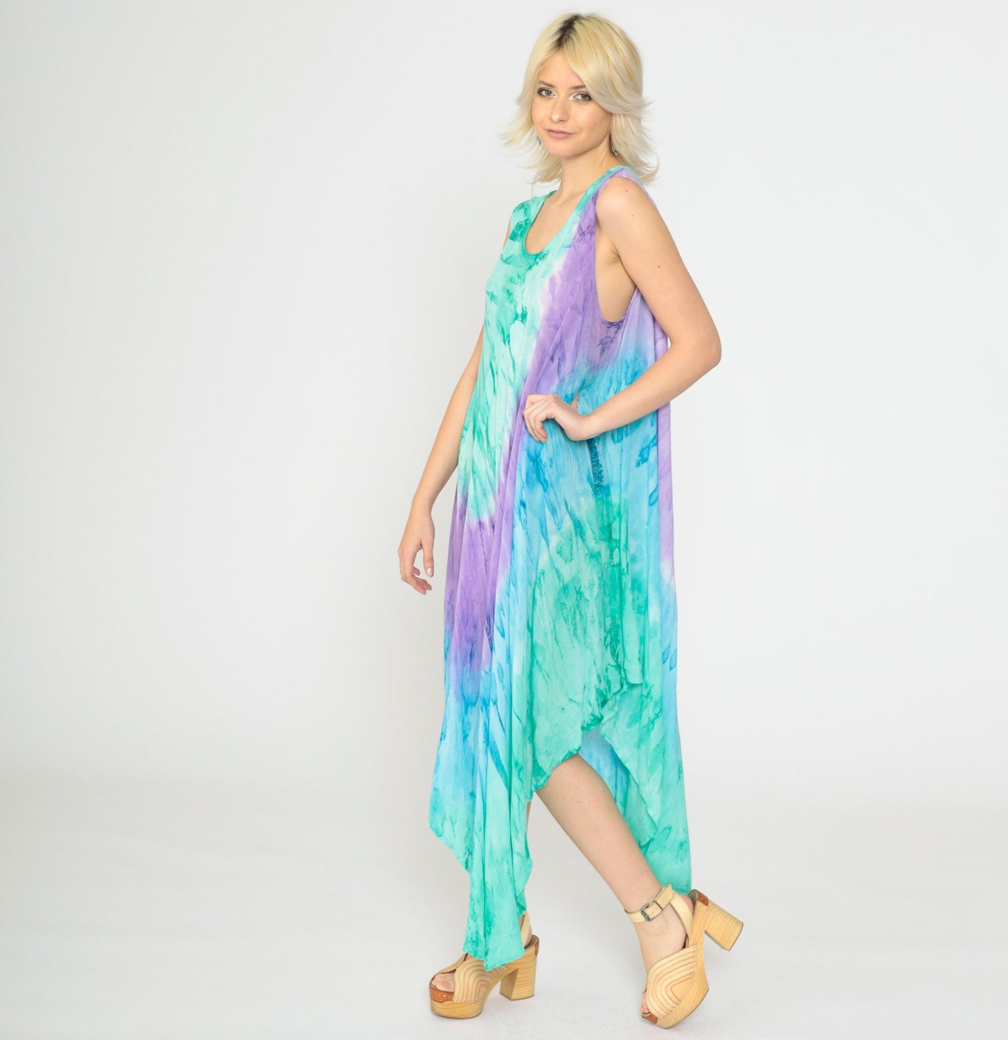 Y2K Tie-Dye Asymmetrical Sundress Sleeveless Scoop Neck Green Purple Blue XXL