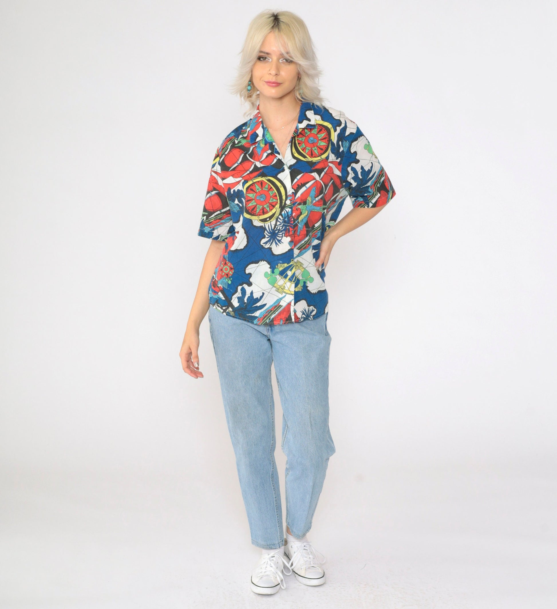 90s Nautical Print Button-Up Shirt Compass Parrot Globe Map Short Sleeve Large