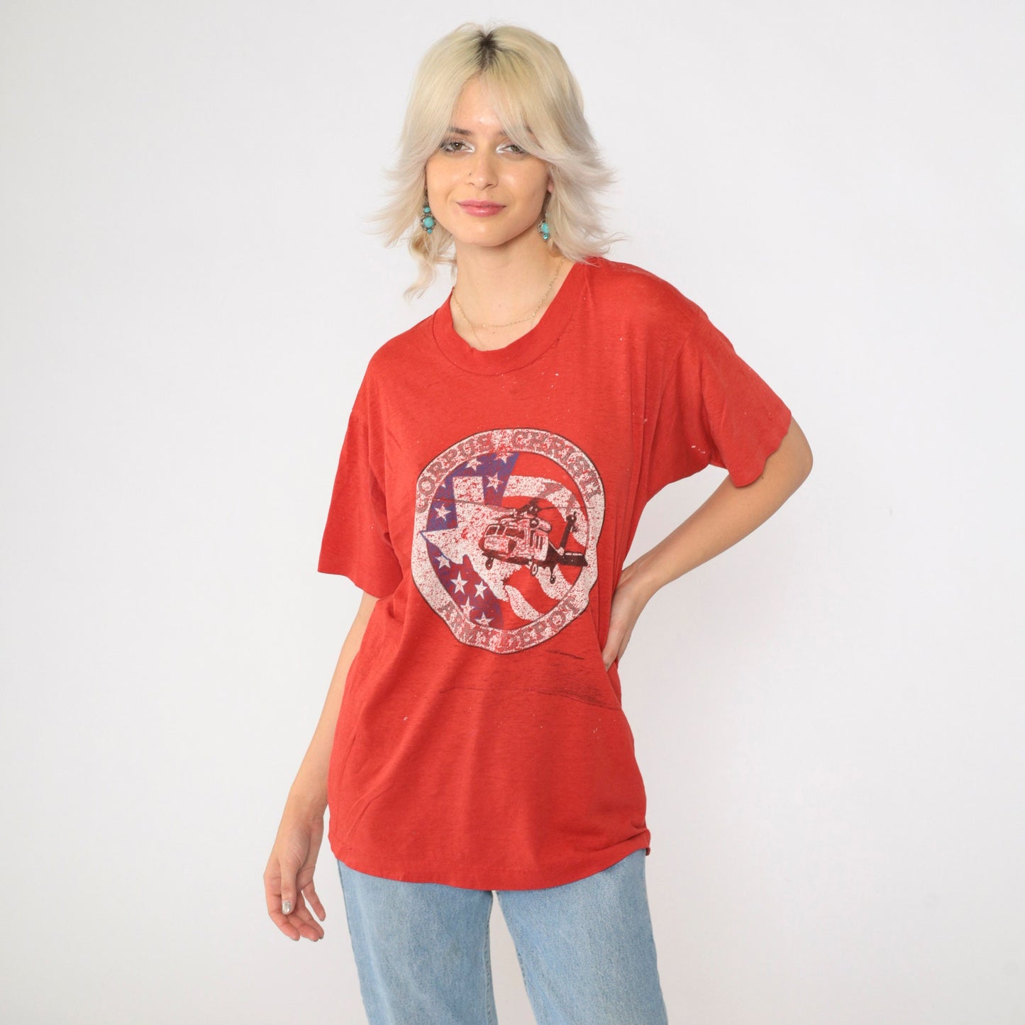 80s Corpus Christi Army Depot Helicopter Graphic T-Shirt Red Screen Stars Medium