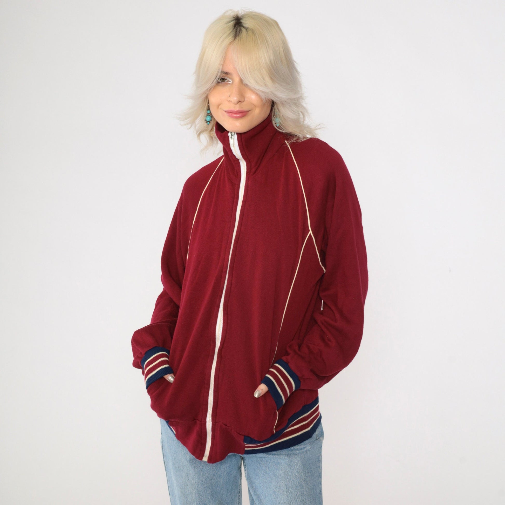 80s Burgundy Track Jacket Zip Up Sweatshirt White Striped Raglan Medium M