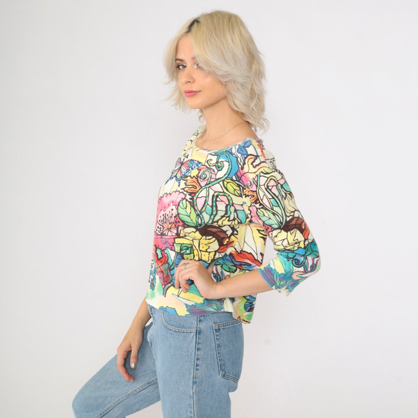 90s Sequin Butterfly Floral Blouse Multicolor Print Scoop Neck Small S