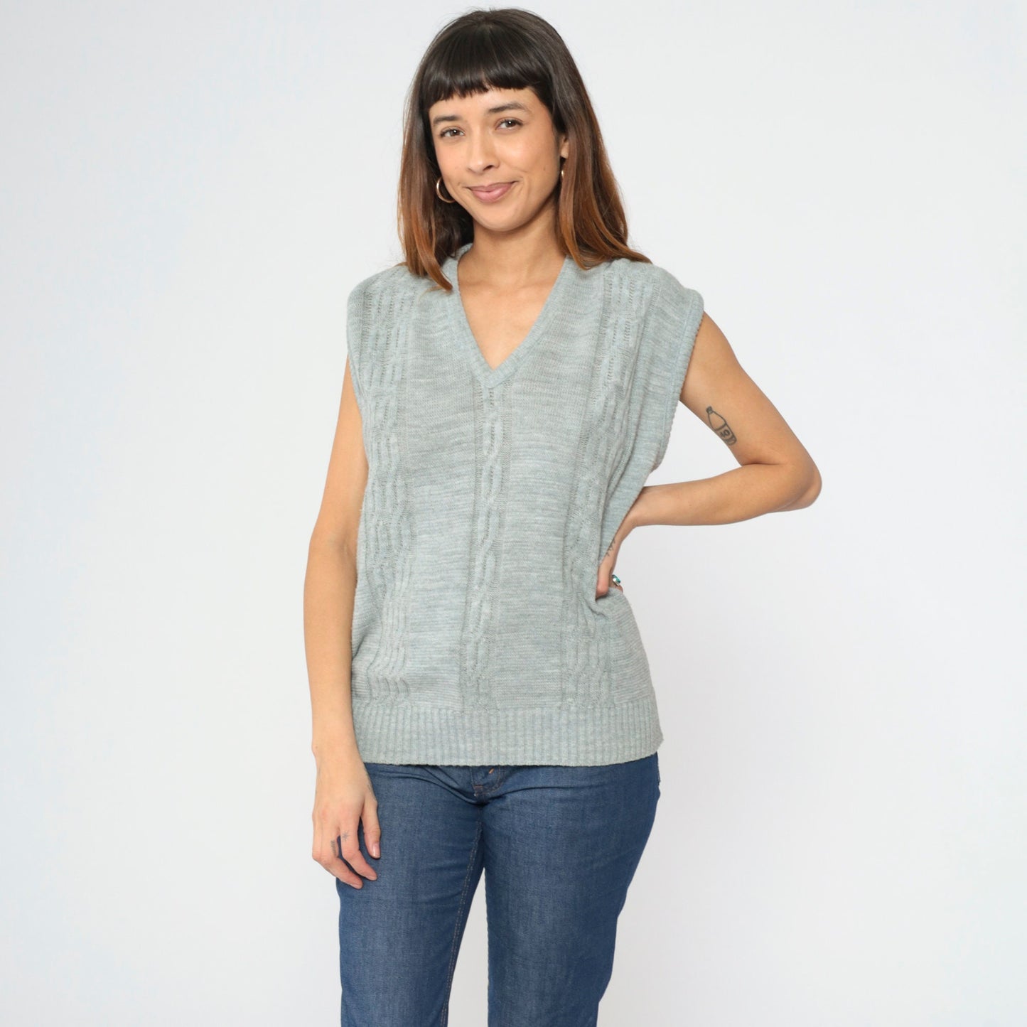 90s Steeplechase Cable Knit Vest Grey V-Neck Sleeveless Pullover Large L