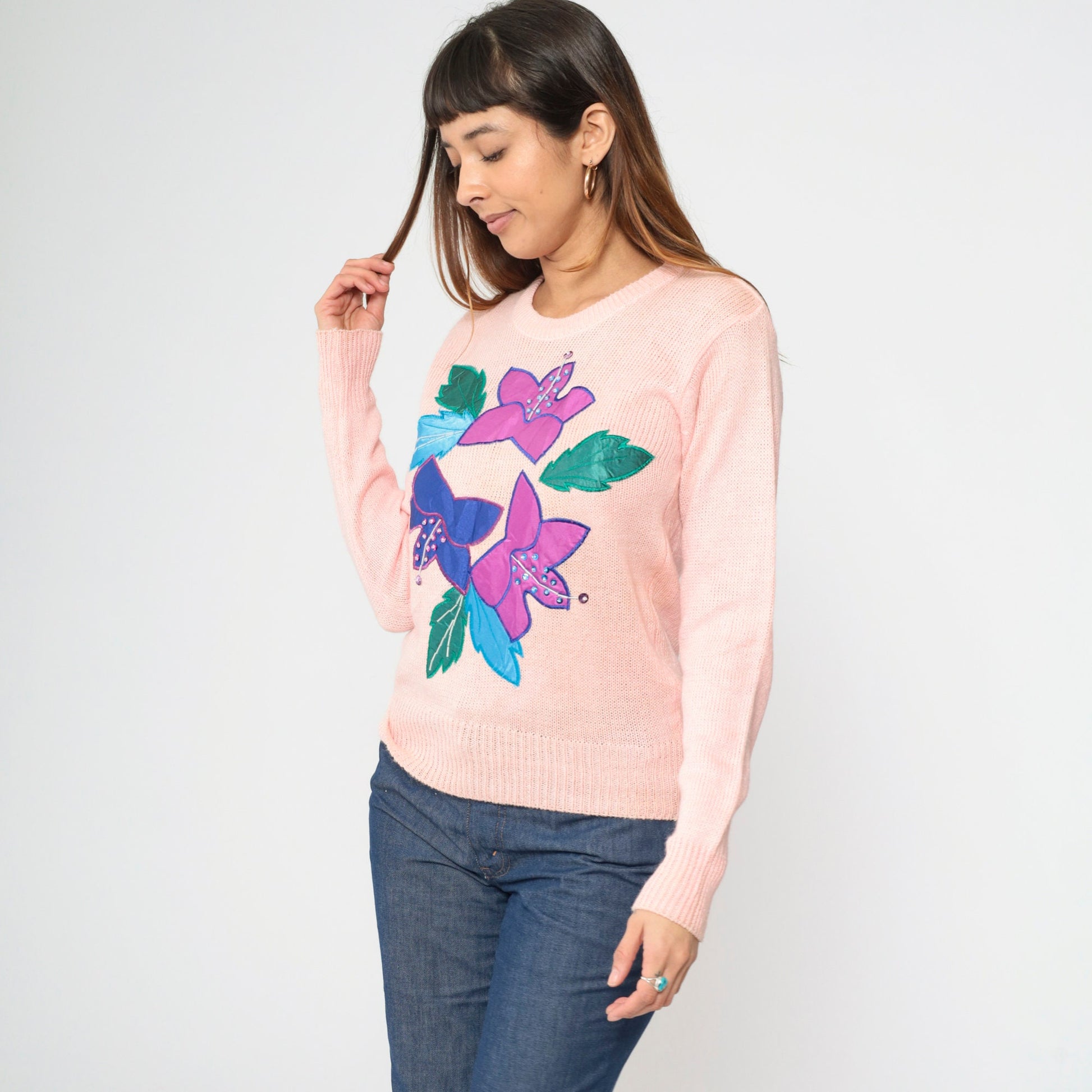 90s Baby Pink Sequin Floral Knit Sweater Beaded Crewneck Small