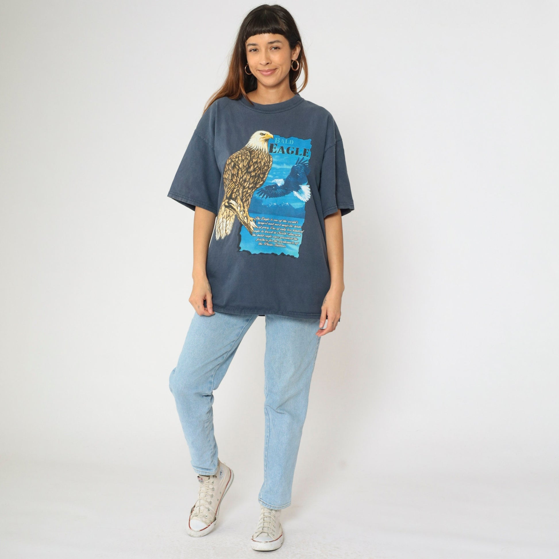 90s Bald Eagle Nature Graphic T-Shirt Navy Cotton Tee Extra Large XL