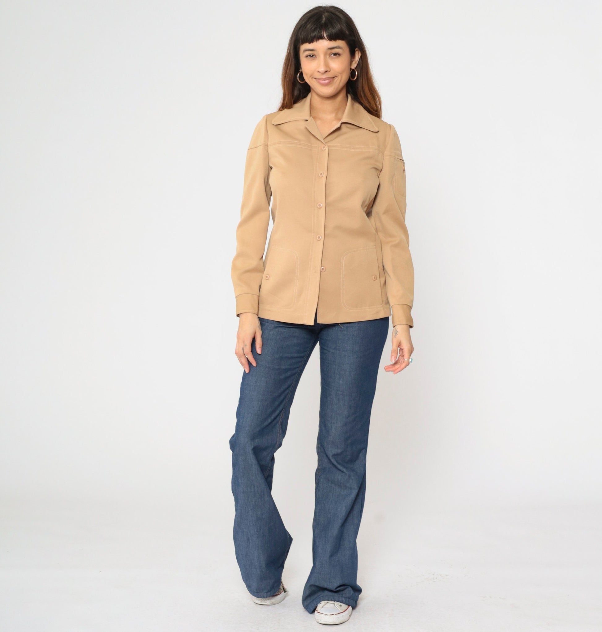 70s Tan Button-Up Blouse Dagger Collar Long Sleeve Pocket Shirt Small