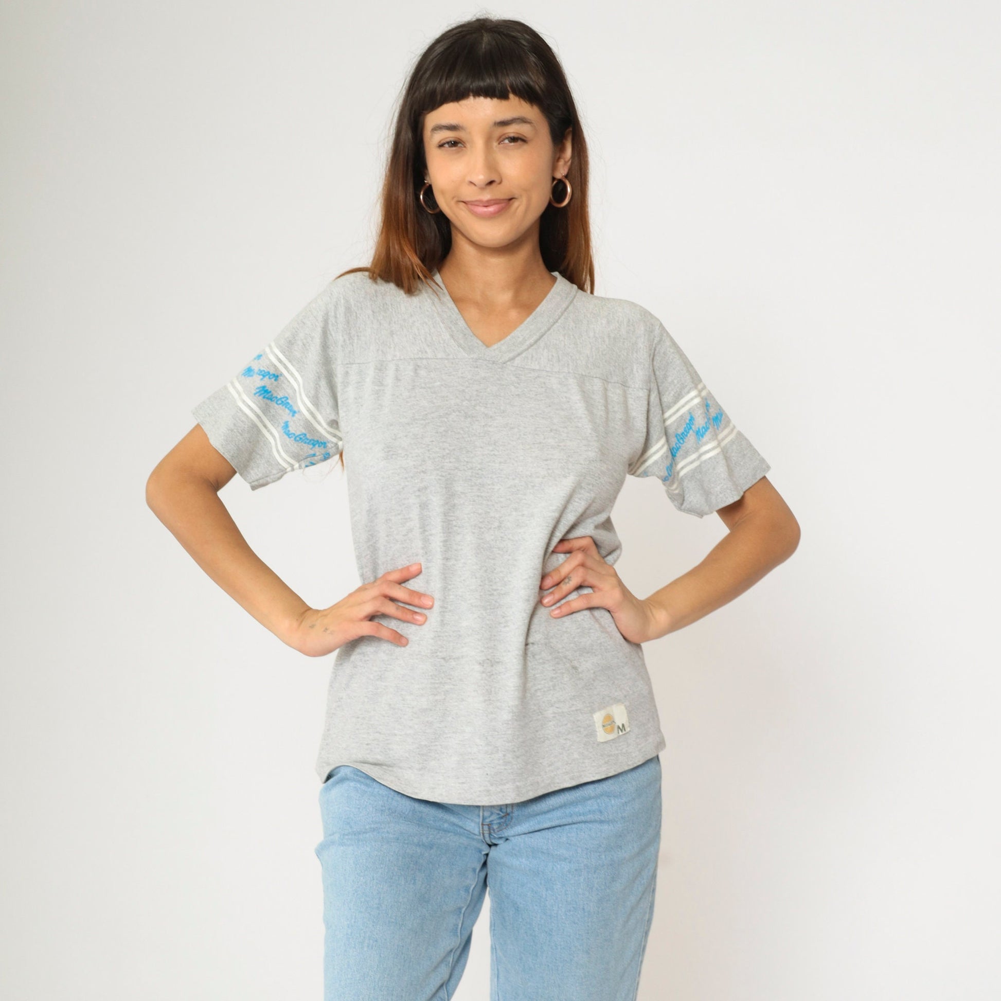 80s MacGregor V-Neck T-Shirt Grey Spellout Sleeve Tee Medium