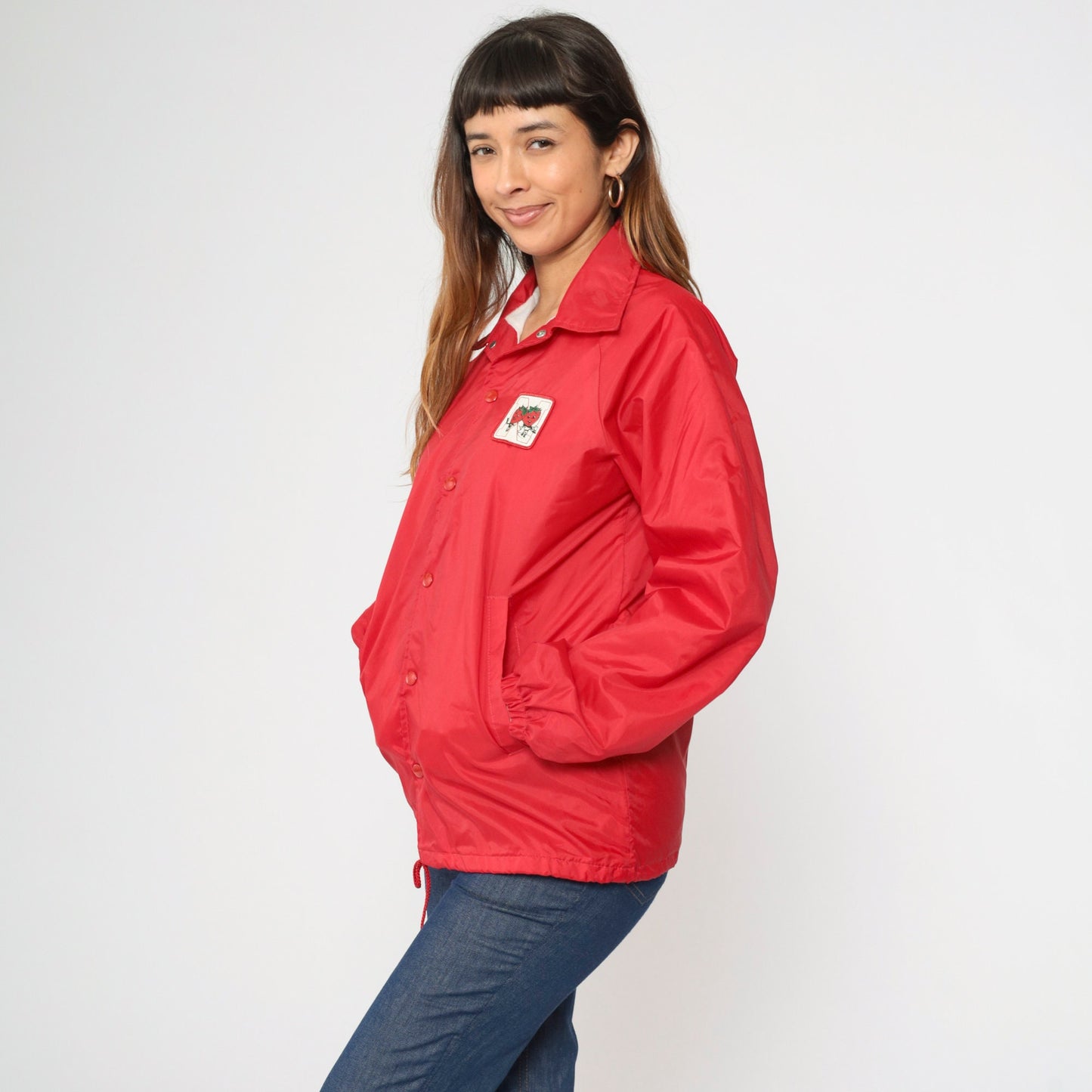 70s Red Windbreaker Jacket Snap Button N Strawberry Patch Small