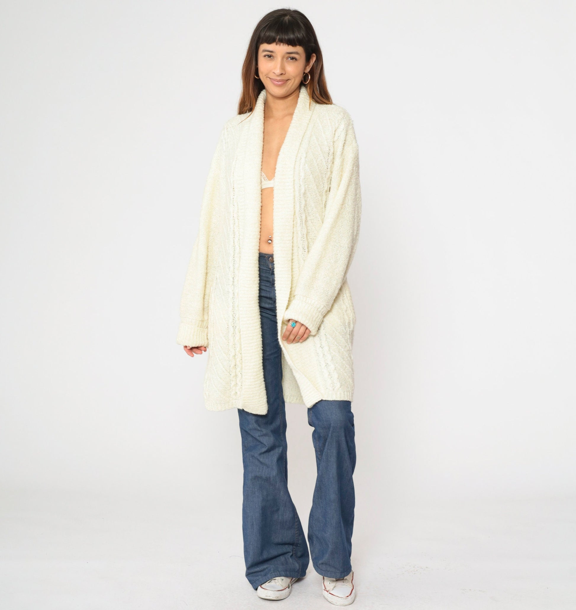 90s Cream Cardigan Open Front Longline Knit Sweater Medium