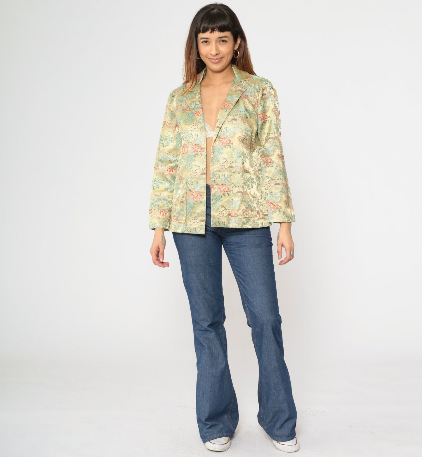 80s Asian Landscape Satin Blazer Yellow Pagoda Print Notched Collar Medium