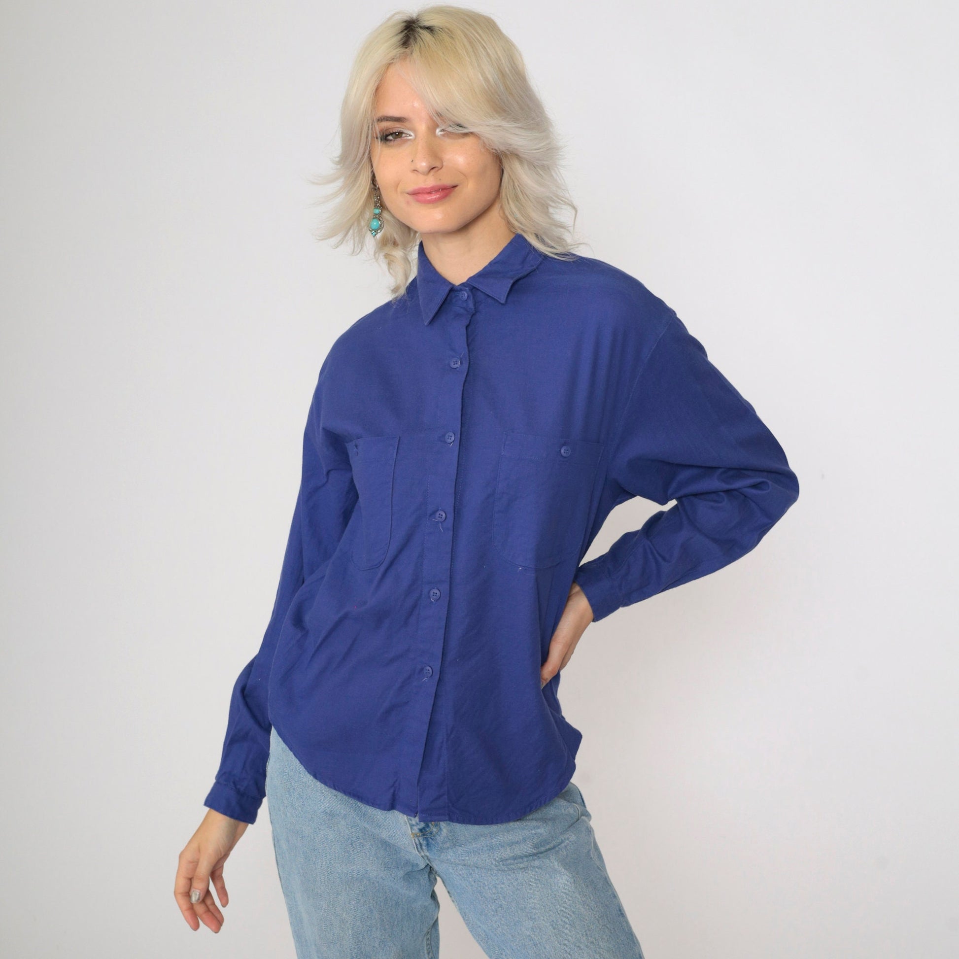 90s Blue Collared Blouse Cotton Button-Up Long Sleeve Chest Pocket Large