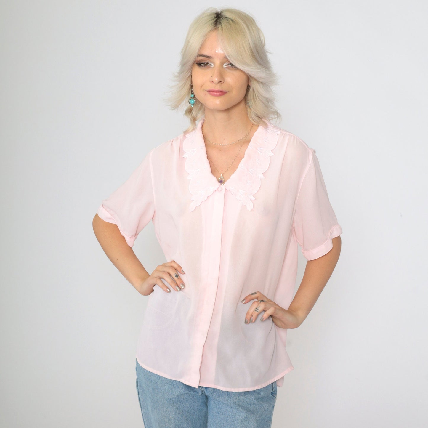 90s Sheer Pink Blouse Embroidered Collar Floral Button Up Short Sleeve Extra Large