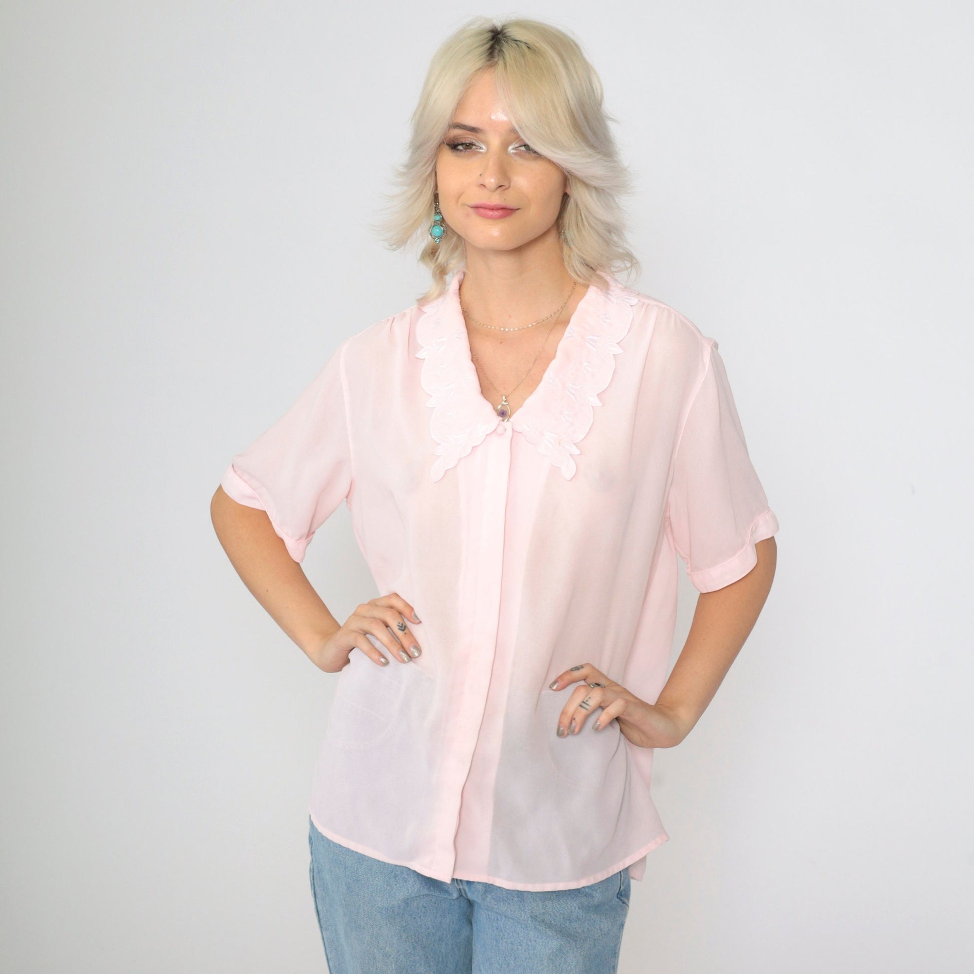 90s Sheer Pink Blouse Embroidered Collar Floral Button Up Short Sleeve Extra Large