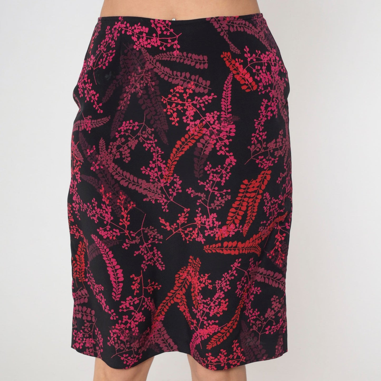00s Floral Midi Skirt Black Pink High Waist Botanical Print Medium 8
