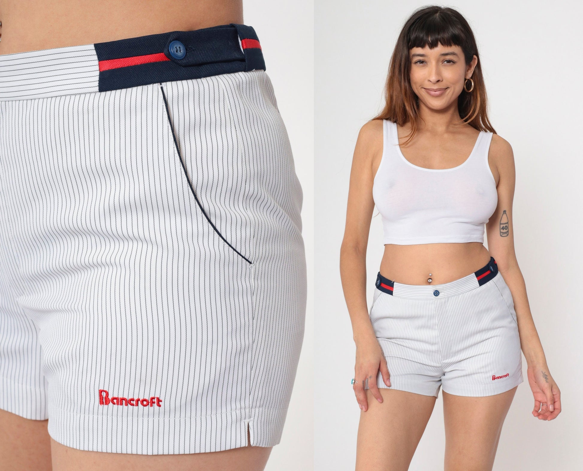 80s Bancroft Sport Pinstripe Tennis Shorts White High Waisted Small