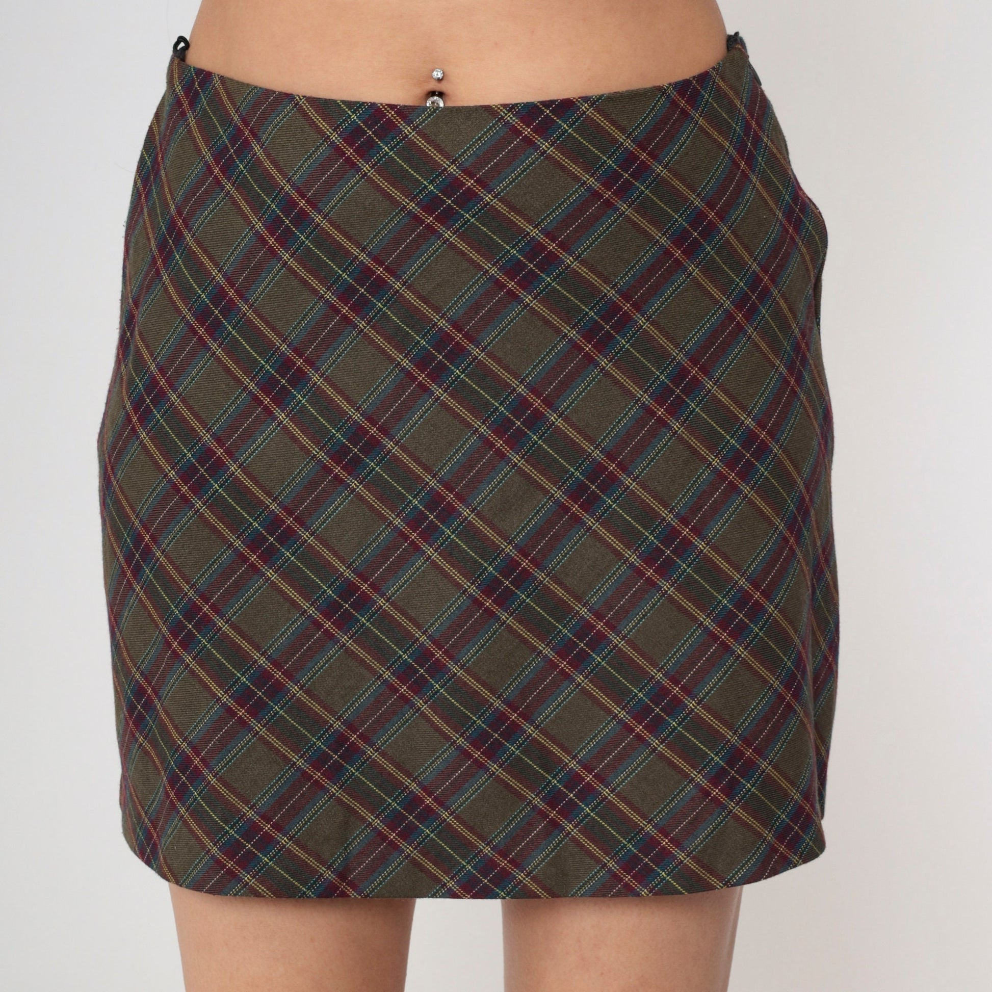 00s Plaid Mini Skirt Olive Burgundy Tartan High Waisted School Girl Medium