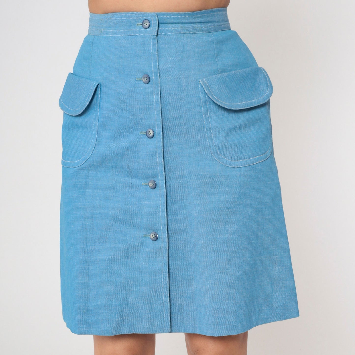 70s Blue Mini Skirt High Waist Button Front Patch Pockets Small