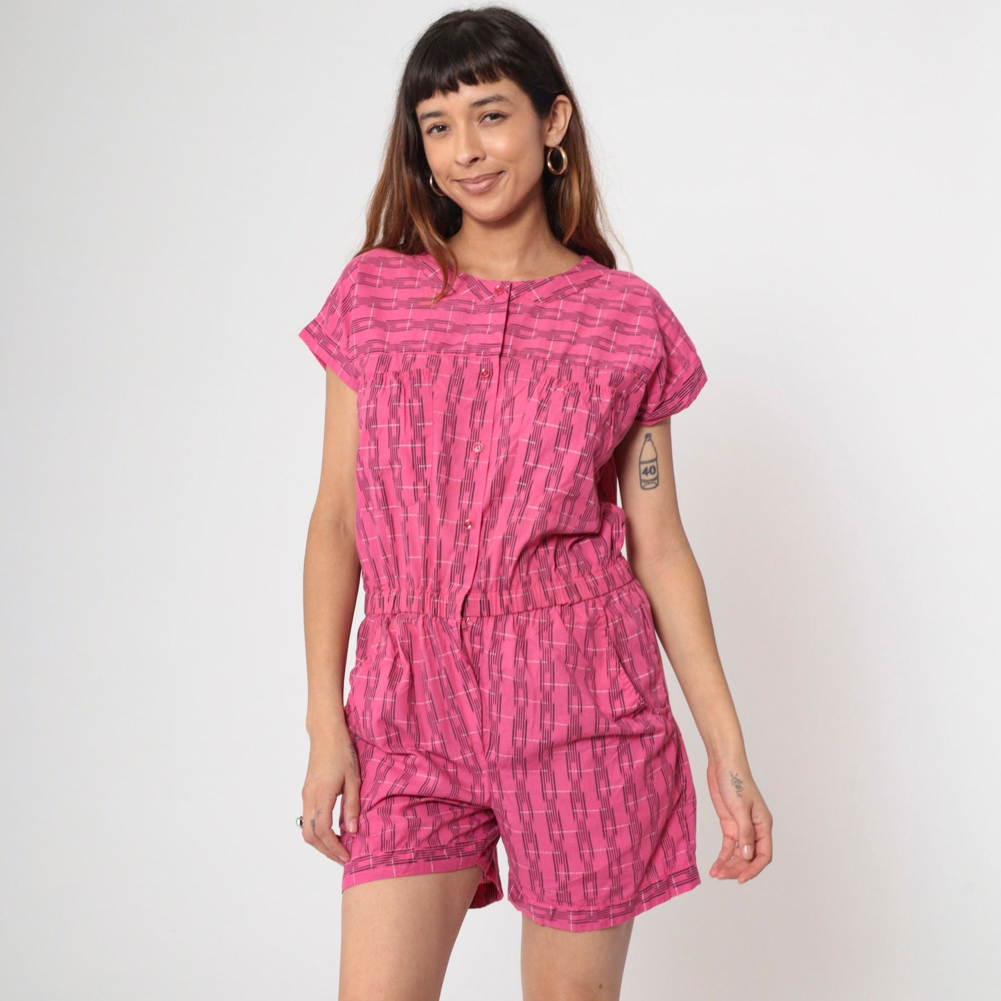 80s Bentley Pink Plaid Romper Button Front Short Sleeve Medium Large