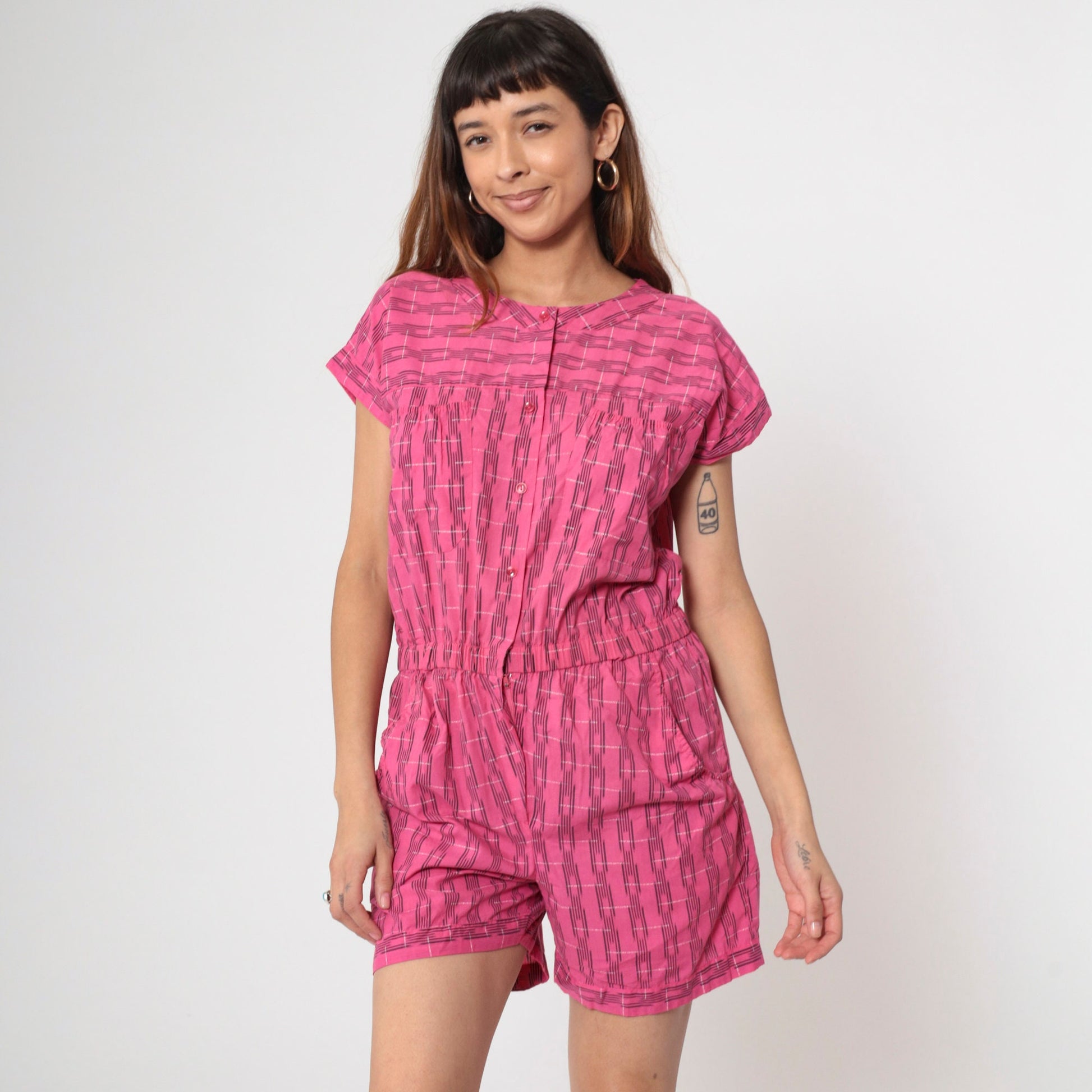 80s Bentley Pink Plaid Romper Button Front Short Sleeve Medium Large