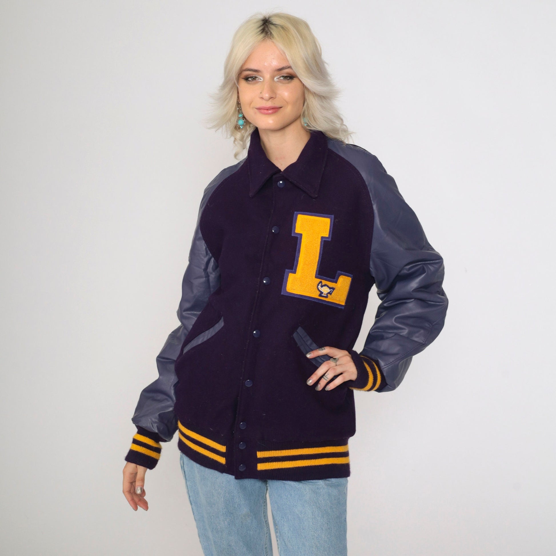 00s Neff Wool Varsity Jacket Purple Faux Leather Sleeves Magic Lamp Small