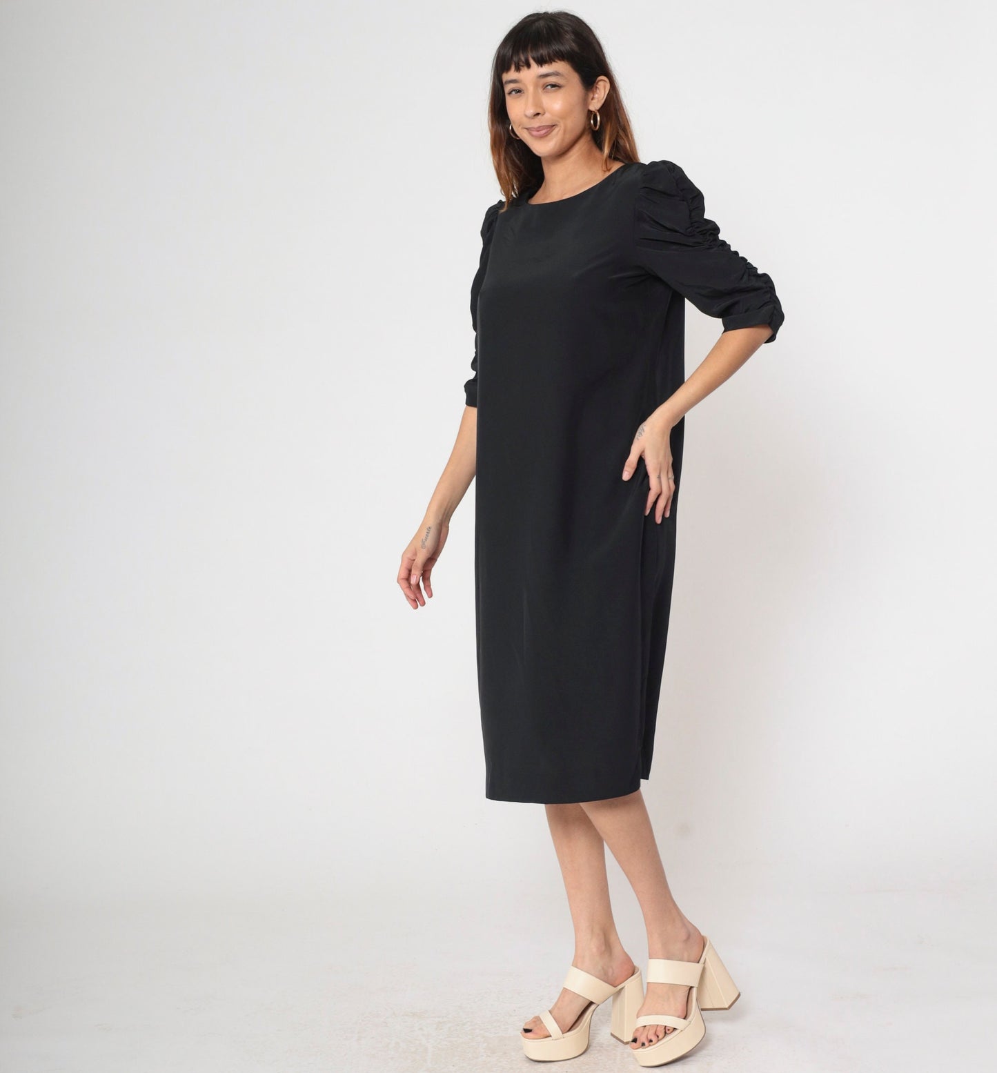 80s Black Puff Sleeve Shift Dress Midi Ruched Boatneck Medium