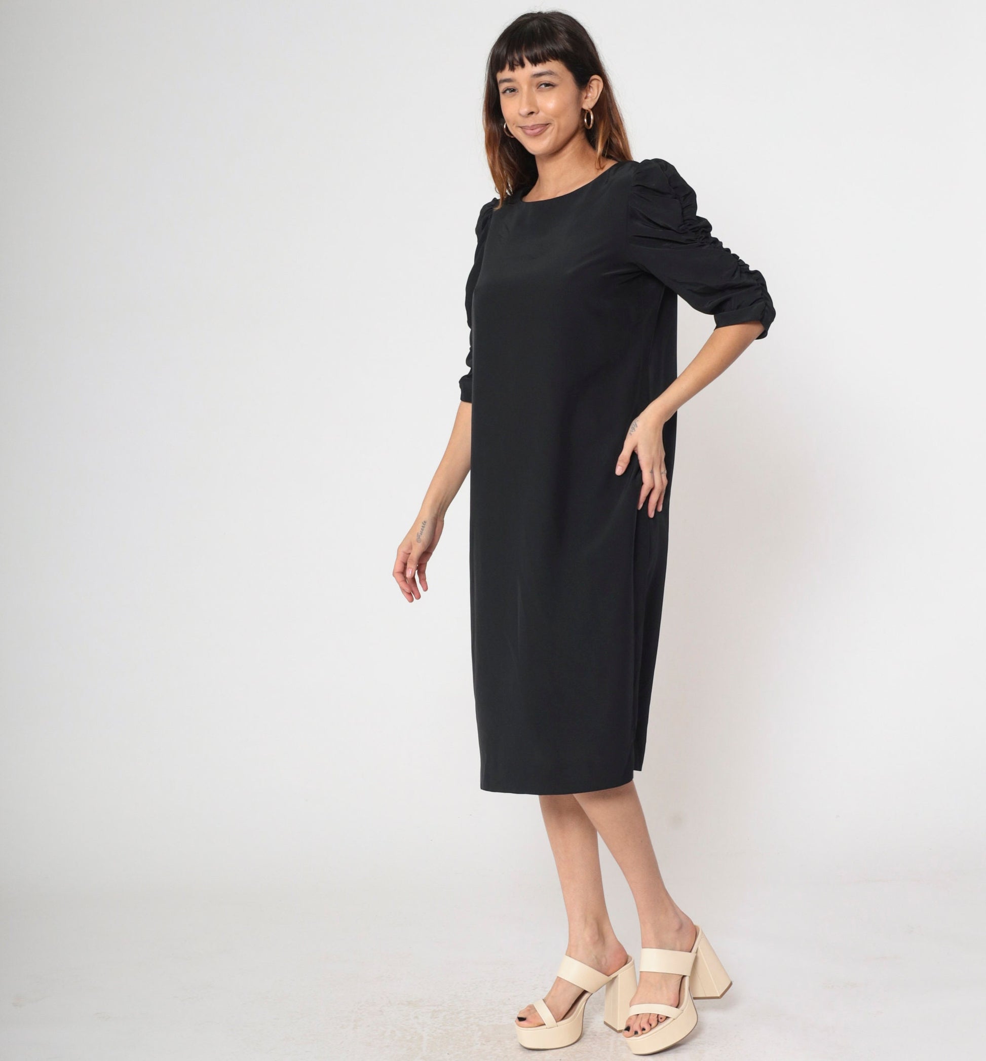 80s Black Puff Sleeve Shift Dress Midi Ruched Boatneck Medium