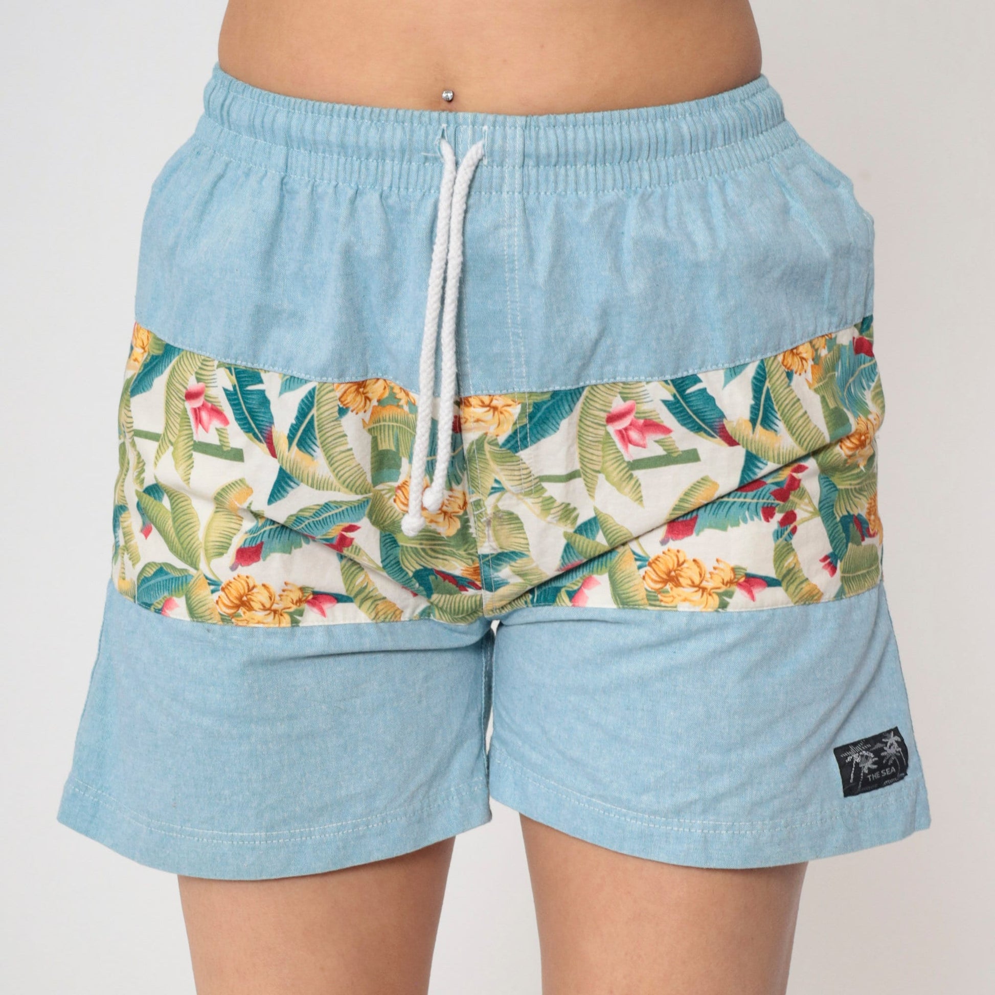 Y2K Tropical Banana Leaf Beach Shorts Blue Chambray Drawstring Small