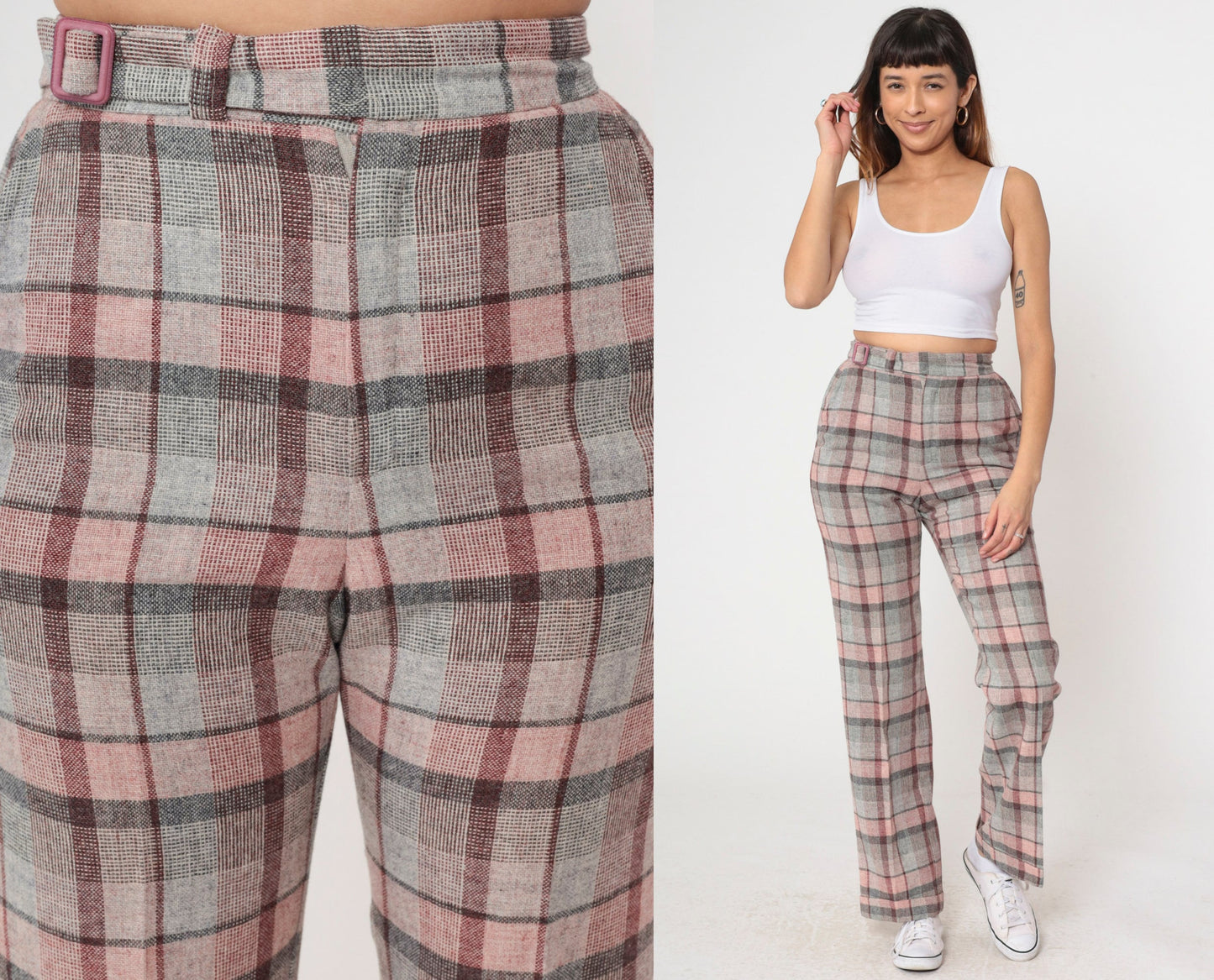 70s The Limited Plaid High-Waisted Trousers Pink Grey Wool Blend Small